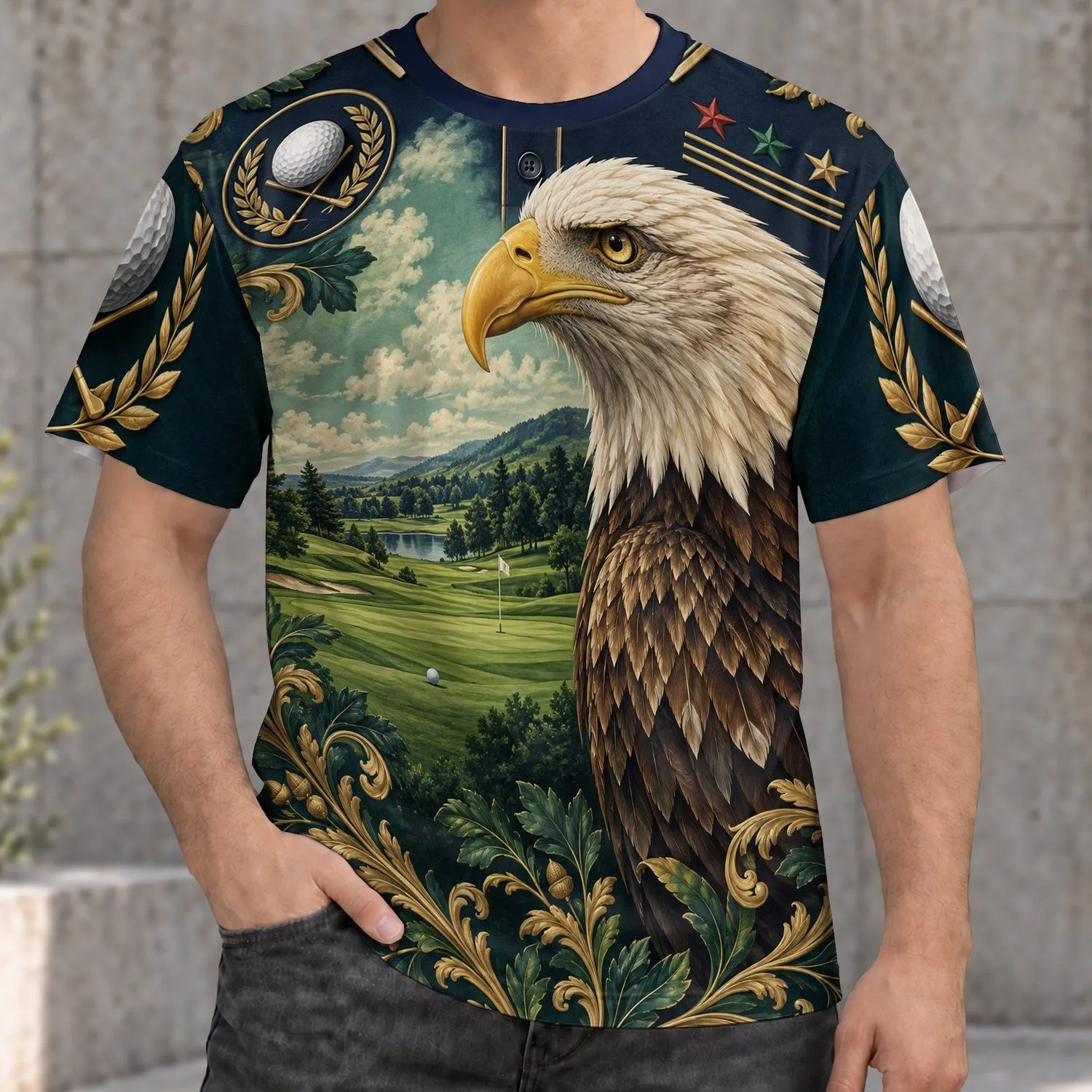 Majestic Eagle Over Golf Course for Weekend Fairway Leisure and Outdoor Sports Fans All-over Print Unisex T-shirt - 1