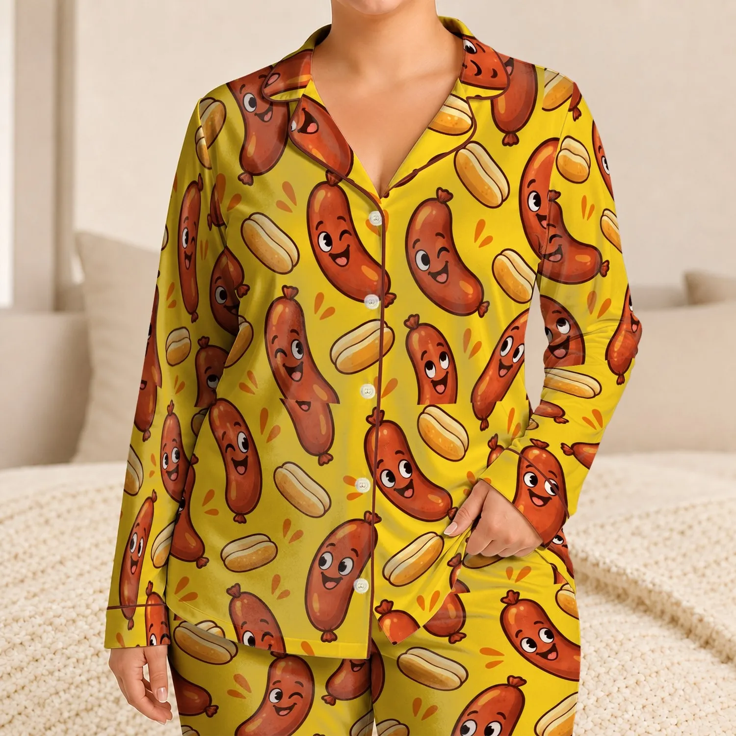 Cheerful Sausage Characters for Cozy Lounging, Weekend Relaxation and Foodie Gift Ideas Satin Pajamas Set - 1