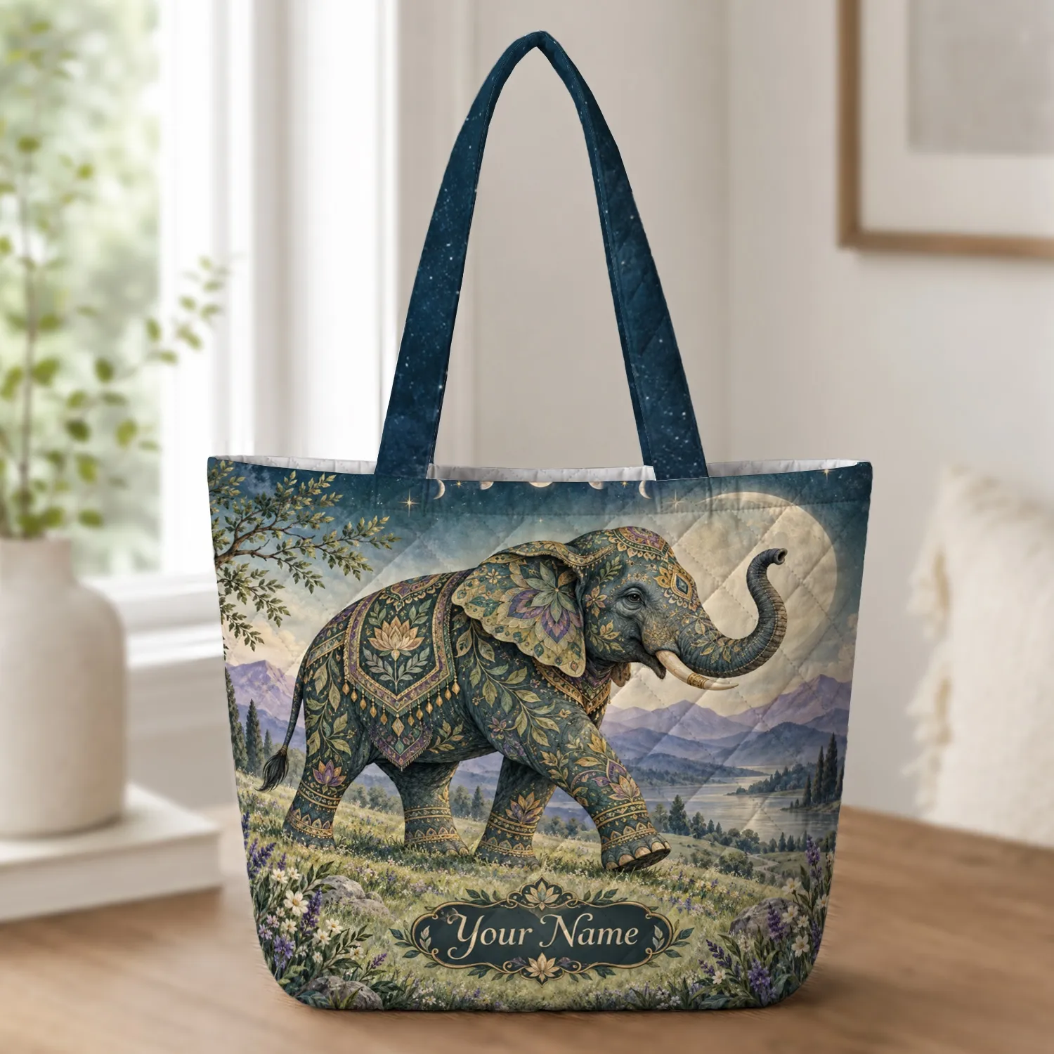 Moonlit Elephant and Mountain Meadow for Bohemian Nature Lovers and Birthday Gifting Quilted Tote Bag - 1