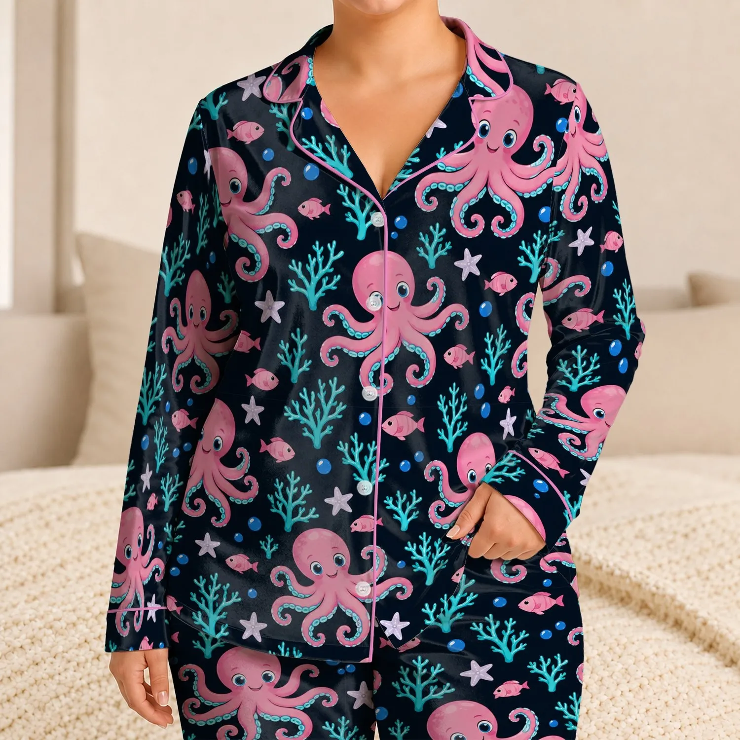Pink Octopus and Ocean Friends for Playful Summer Beach Days, Gifts for Sea Life Fans Satin Pajamas Set - 1