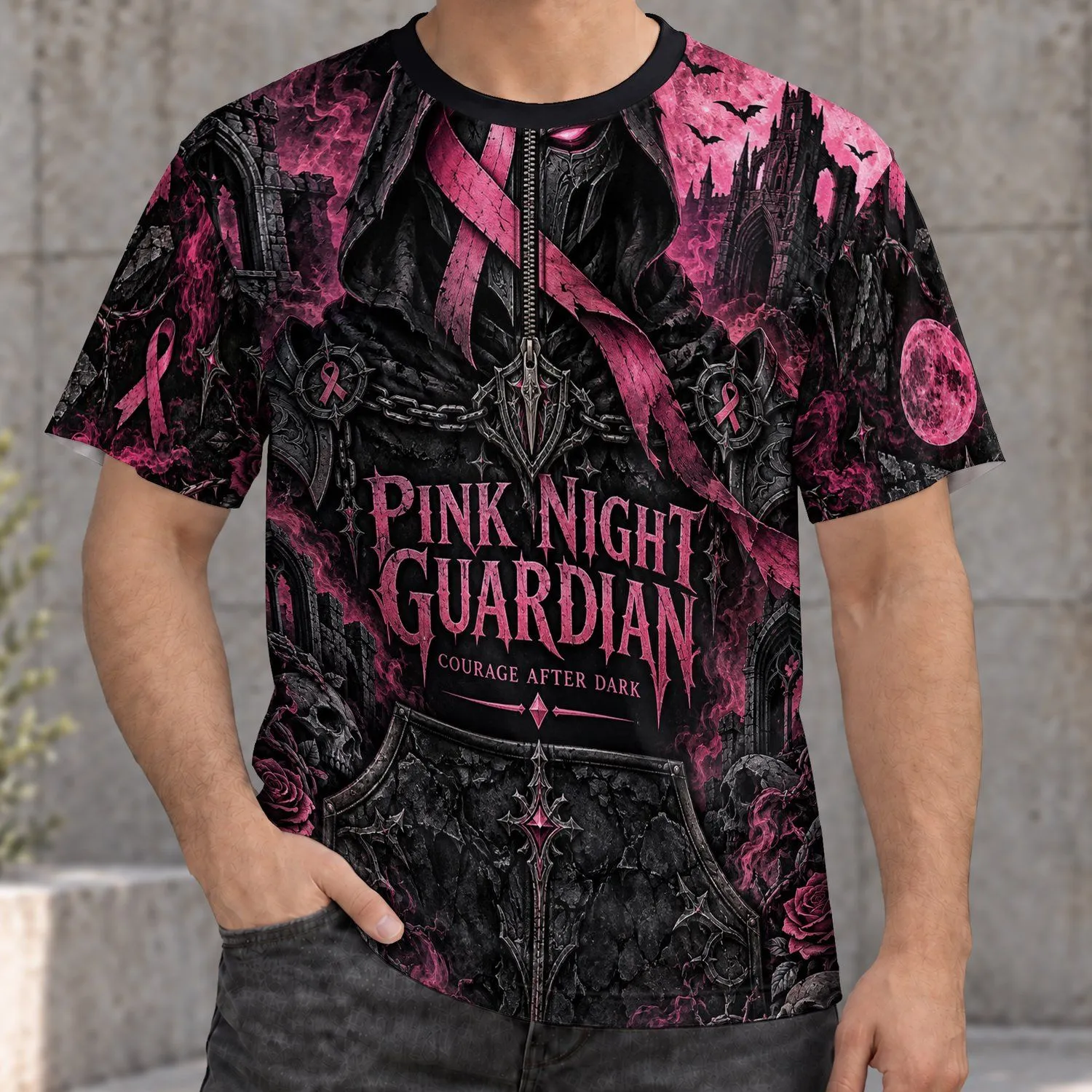 Pink Ribbon Guardian Gothic Halloween Courage After Dark Gift for Nighttime Wear All-over Print Unisex T-shirt - 1