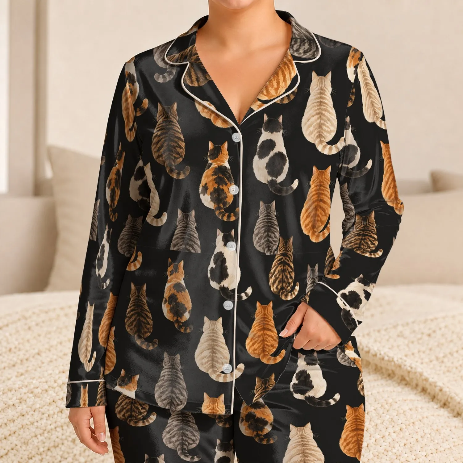 Mixed-Coat Cats for Cozy Evenings at Home and Thoughtful Gifts for Cat Lovers Satin Pajamas Set - 1
