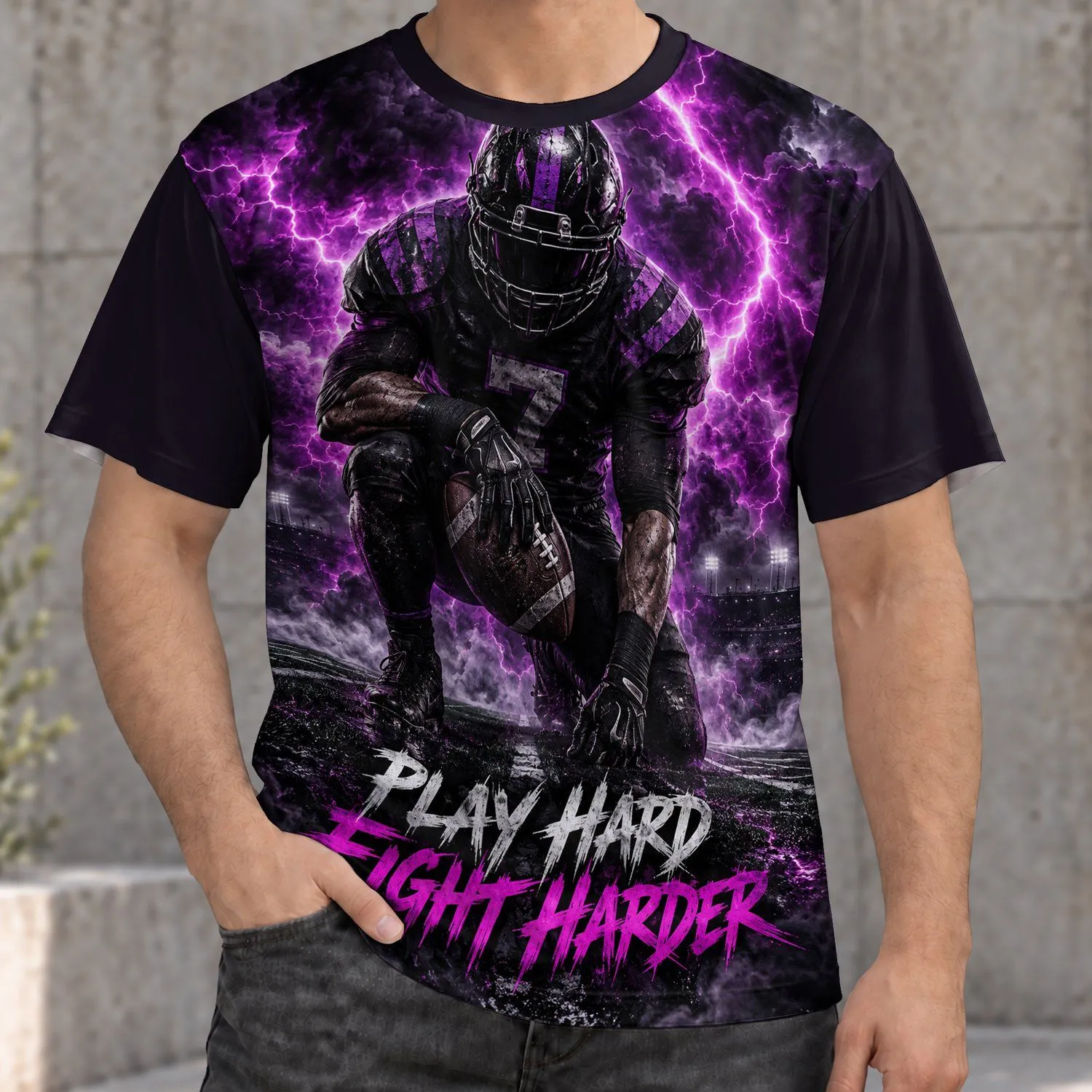 Purple Lightning Football Player Art for Game Day Training and Casual Wear All-over Print Unisex T-shirt - 1