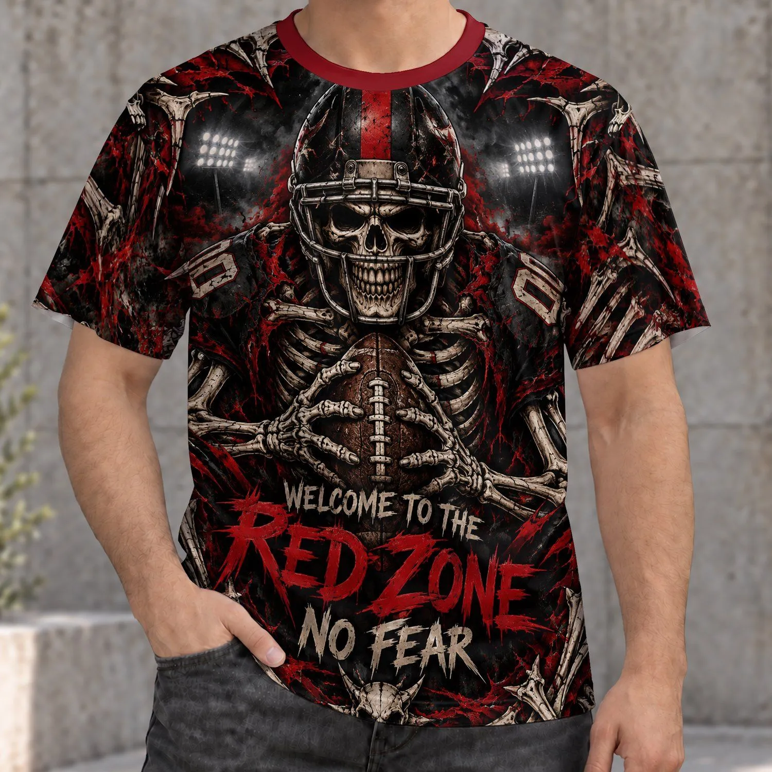 Skull Football Player Red Zone Art for Game Day Fans and Halloween All-over Print Unisex T-shirt - 1