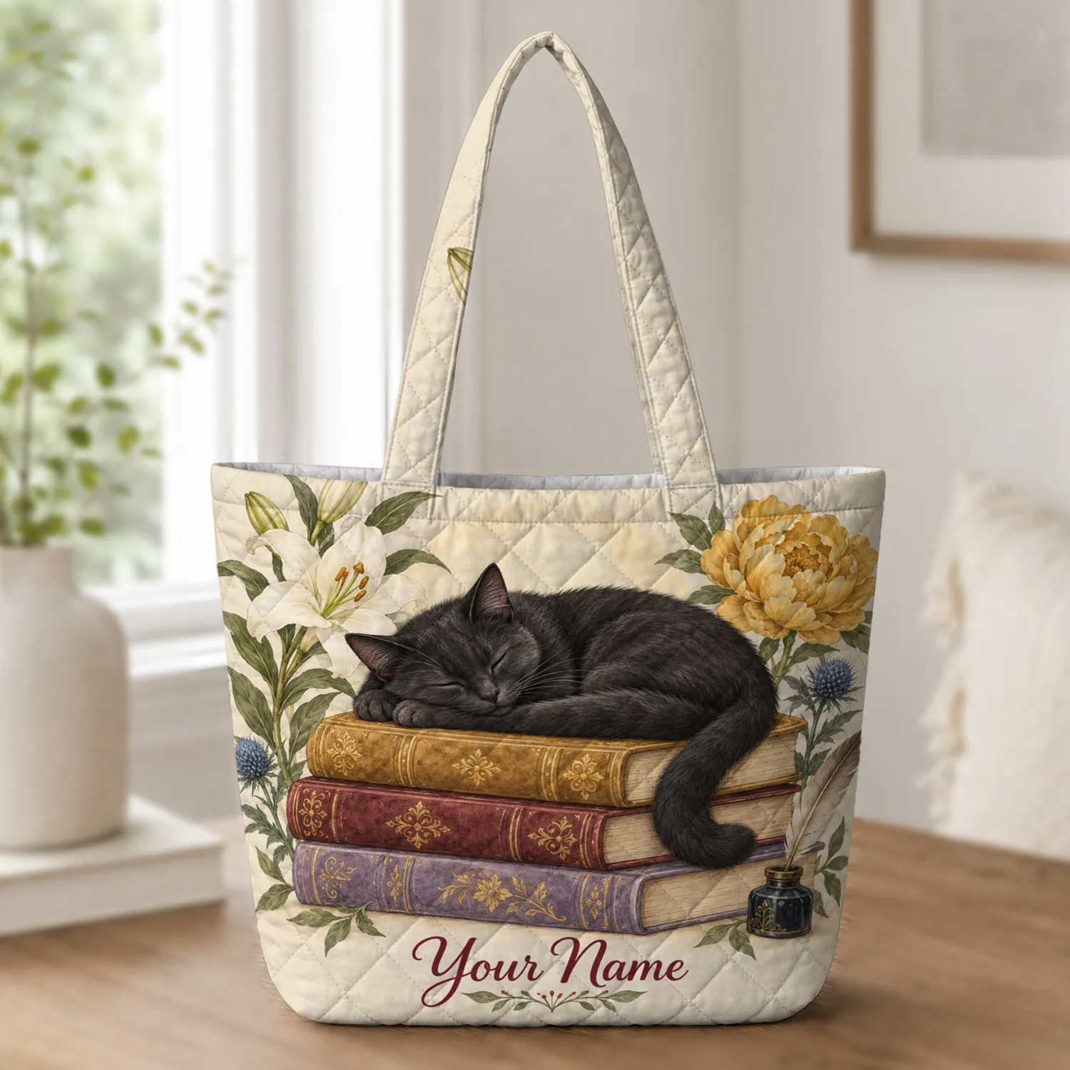 Sleeping Black Cat on Vintage Books for Cozy Reading Days and Thoughtful Gifts for Her Quilted Tote Bag - 1