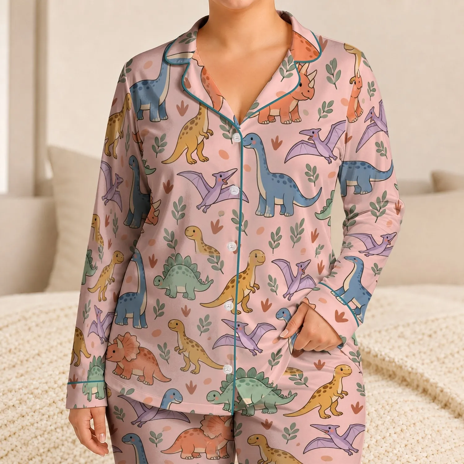 Cute Pastel Dinosaurs with Cozy Prehistoric Charm for Women and Dino Lovers of All Ages Satin Pajamas Set - 1