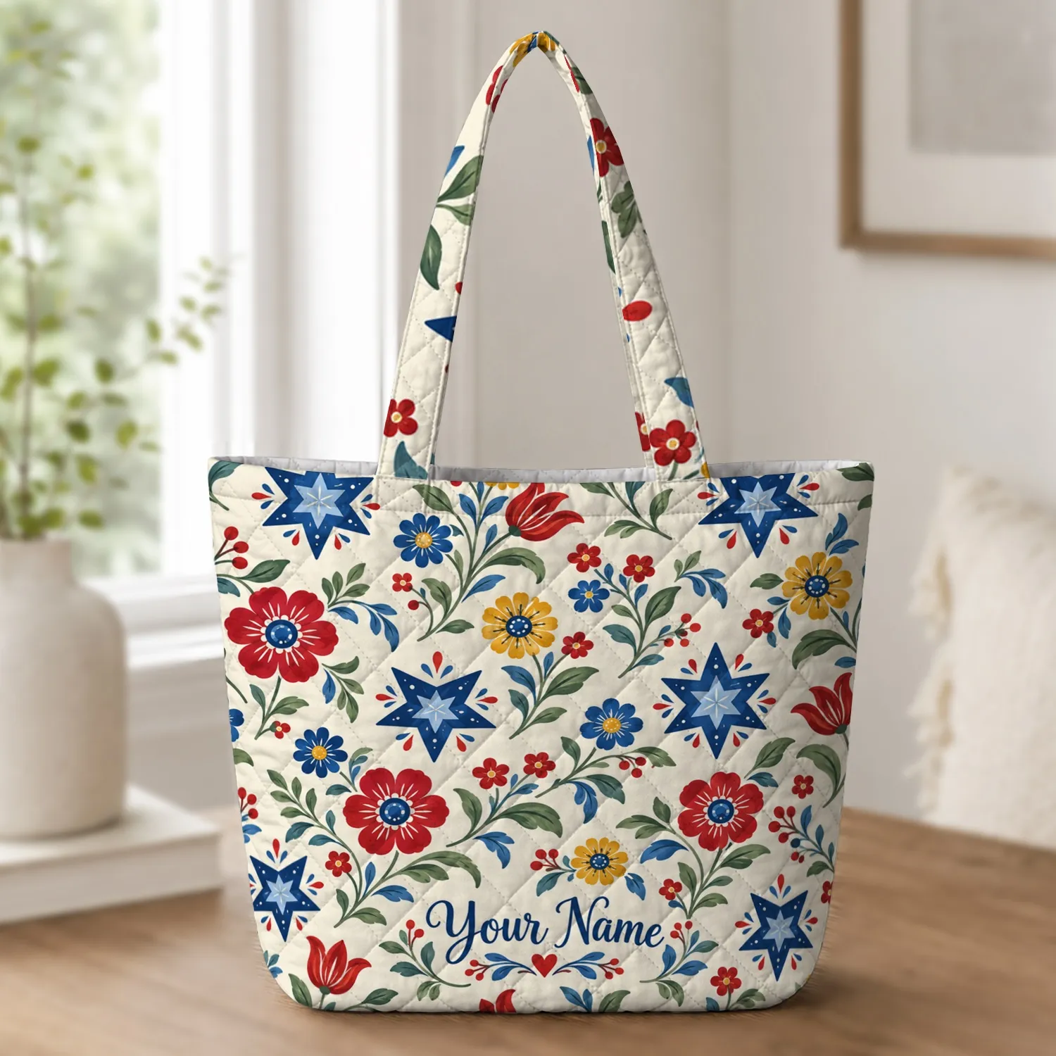 Patriotic Folk Florals and Blue Stars for Summer Gatherings and Garden Lovers Gift Quilted Tote Bag - 1