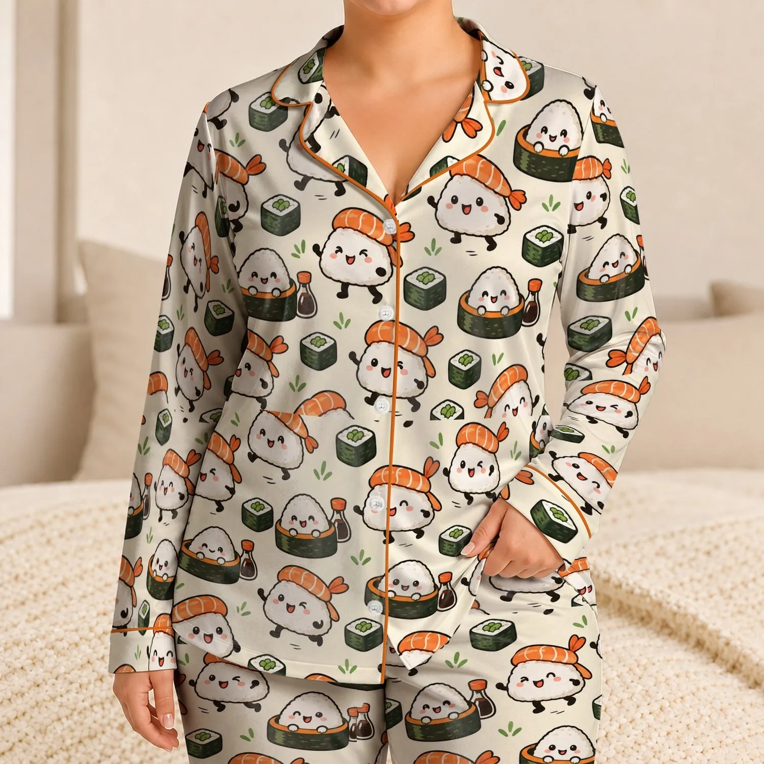 Rice Ball And Shrimp Hat Characters For Cozy Spring Getaways And Gift Giving Satin Pajamas Set - 1