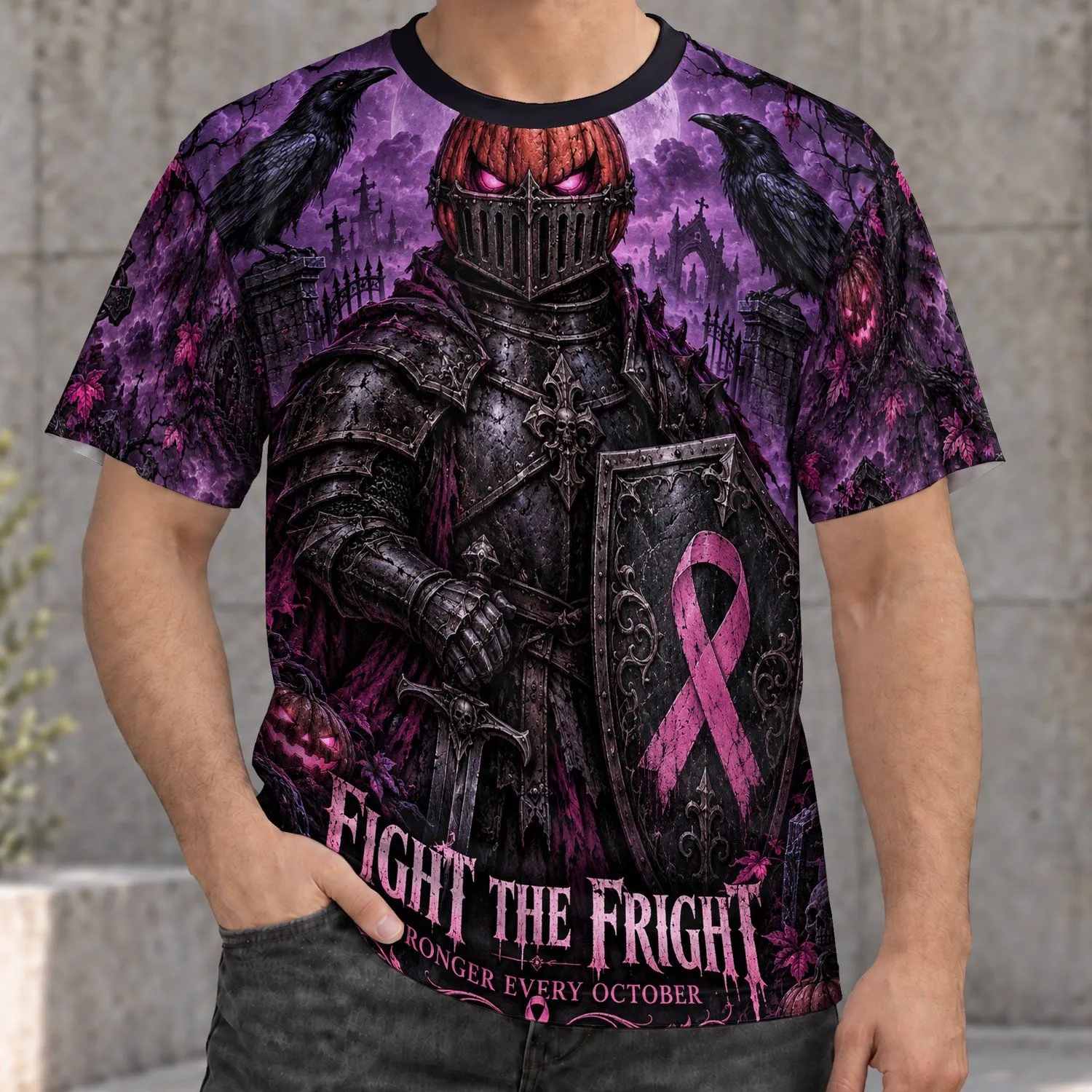 Pumpkin Knight and Pink Ribbons for Halloween Awareness in October All-over Print Unisex T-shirt - 1