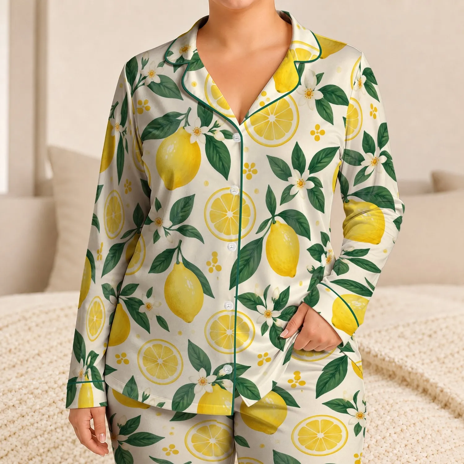 Lemon Citrus and Green Leaves for Cozy Summer Lounging and Relaxed Days at Home Satin Pajamas Set - 1