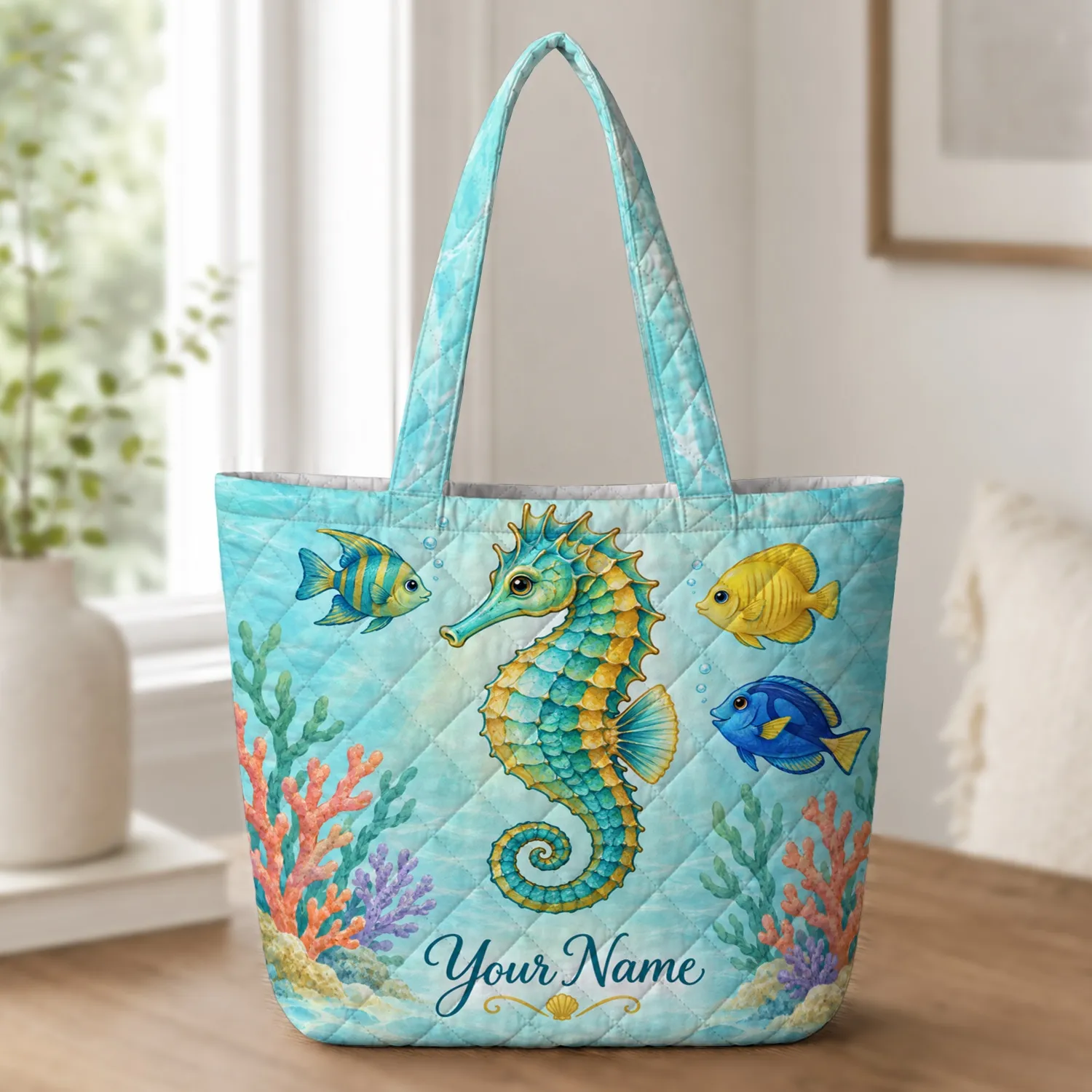 Colorful Seahorse and Tropical Fish for Coastal Holidays, Beach Days and Ocean Lovers Quilted Tote Bag - 1