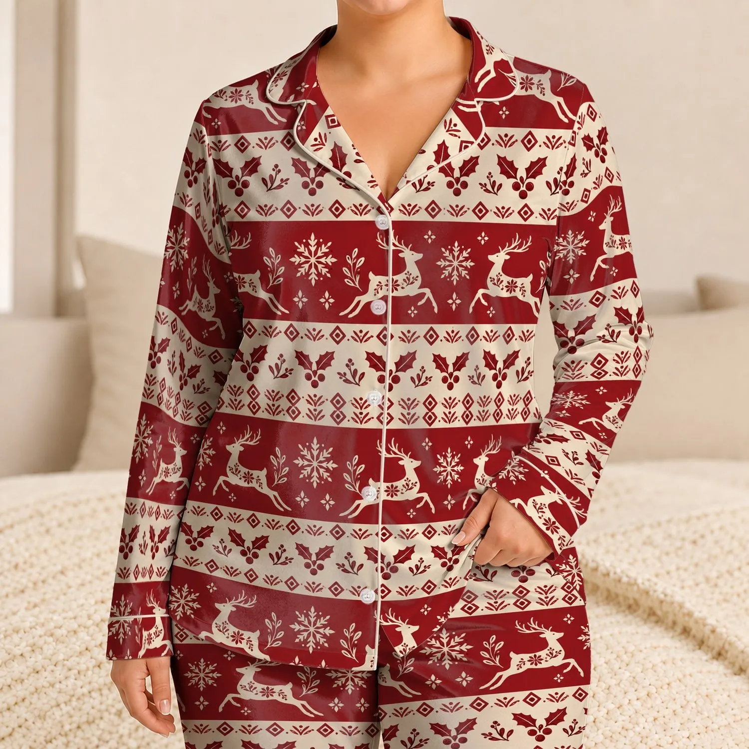 Reindeer Holly And Snowflake Nordic Holiday Motif For Cozy Christmas Evenings Satin Pajamas Set - 1