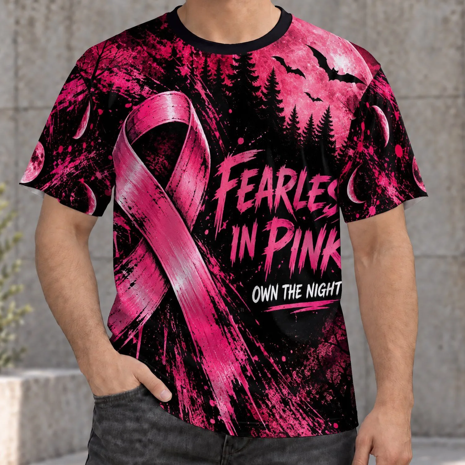 Pink Awareness Ribbon Under Blood Moon for Halloween Night Support and Cancer Care All-over Print Unisex T-shirt - 1