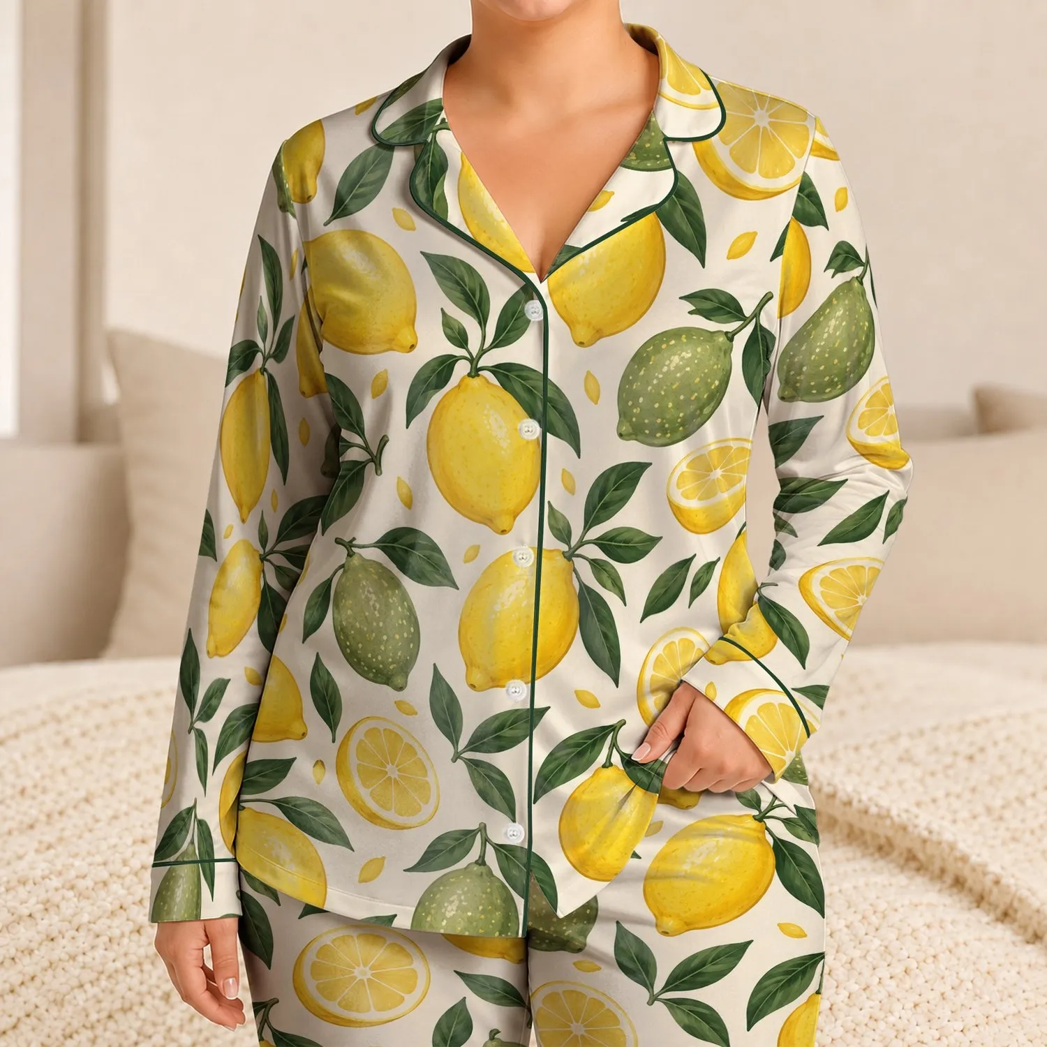 Lemon and Sage Citrus Motifs for Fresh Summer Lounging and Relaxed Home Evenings Satin Pajamas Set - 1