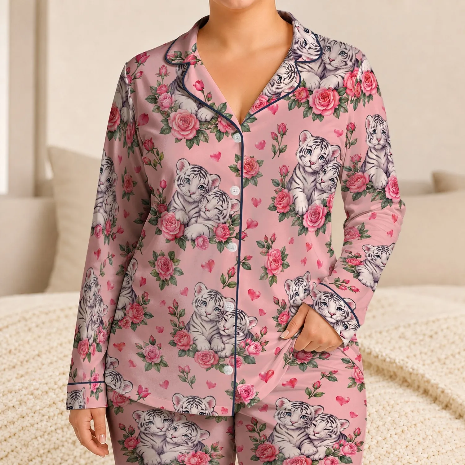 Blush Roses And Tiger Cubs For Valentine Romance And Cozy Evenings At Home For Her Satin Pajamas Set - 1