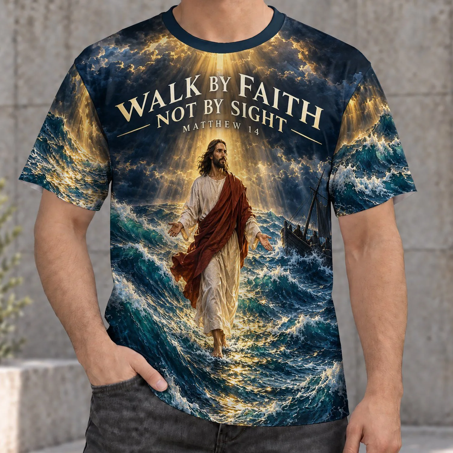 Jesus Walking on Water Biblical Scene for Faithful Everyday Wear and Worship All-over Print Unisex T-shirt - 1