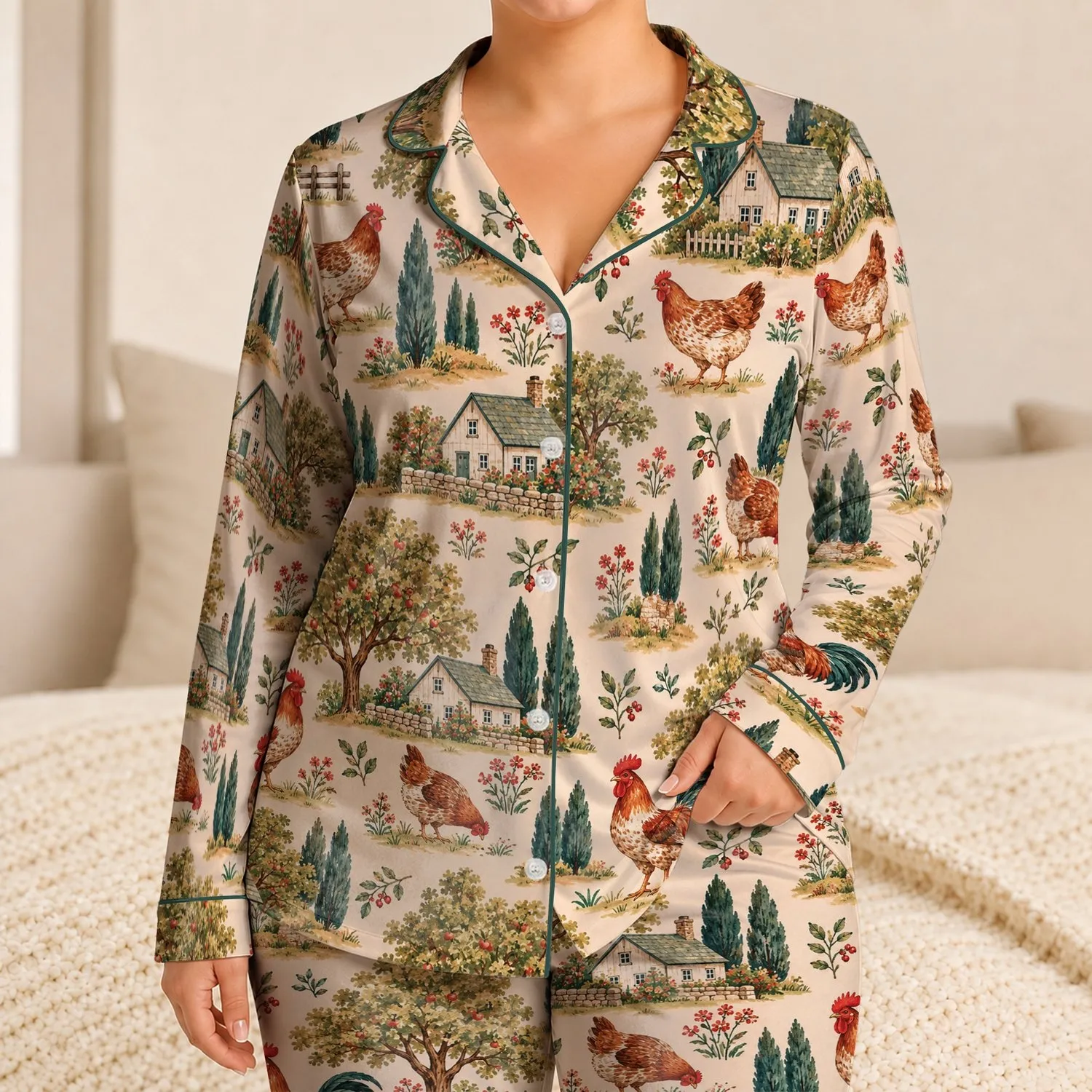 Farmyard Roosters, Cottages and Orchard Trees for Cozy Country Living Gifts Satin Pajamas Set - 1