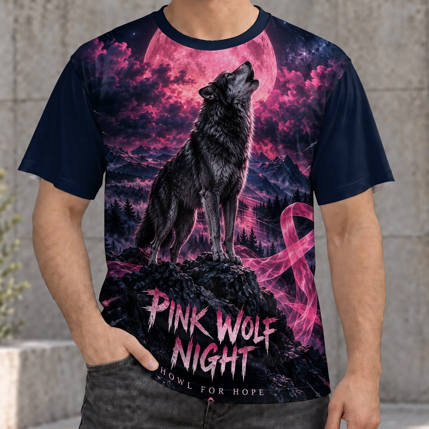 Howling Wolf Beneath a Pink Moon for Breast Cancer Awareness and Hope All-over Print Unisex T-shirt - 1