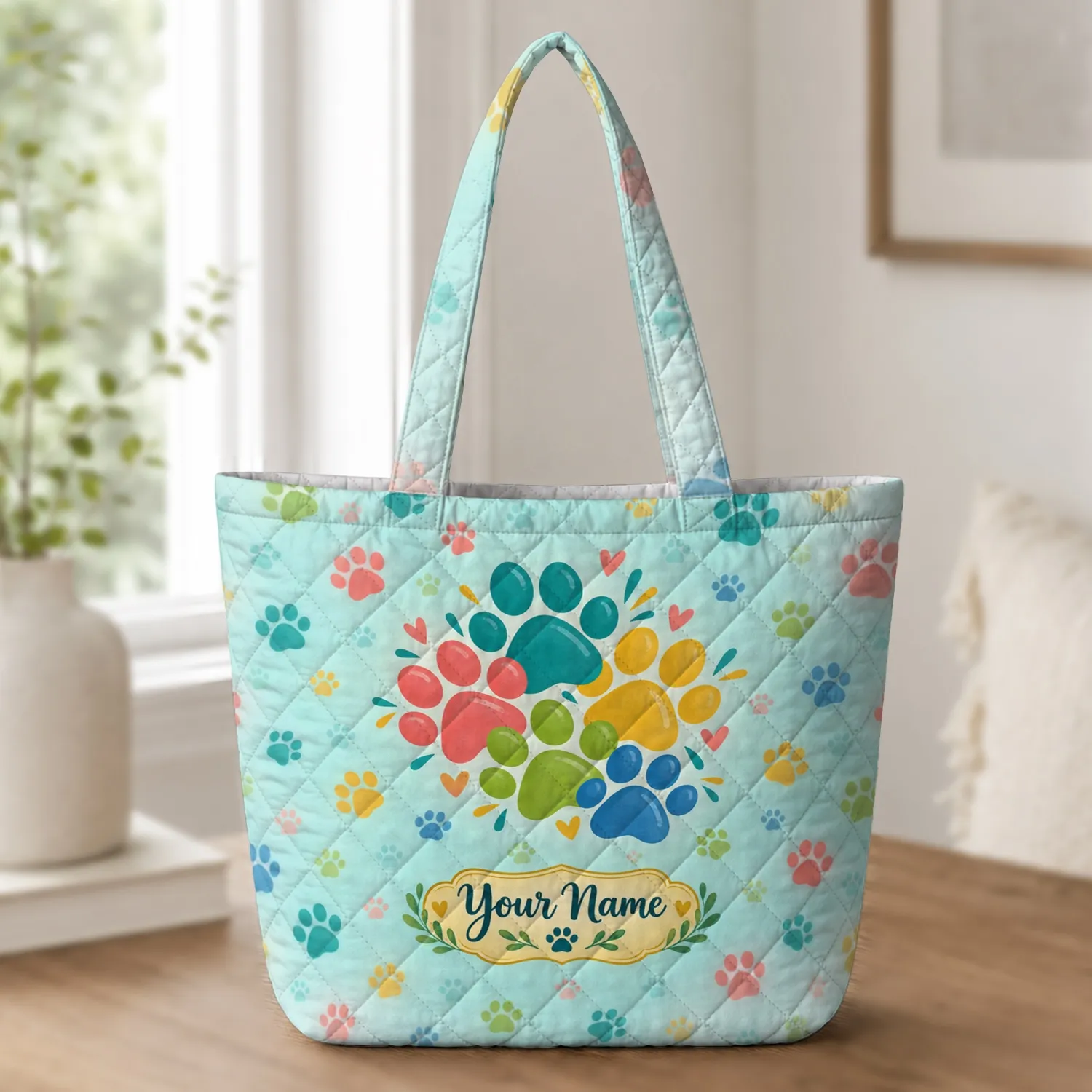 Colorful Paw Prints for Dog Lovers, Cheerful Everyday Style for Pet Parents and Friends Quilted Tote Bag - 1