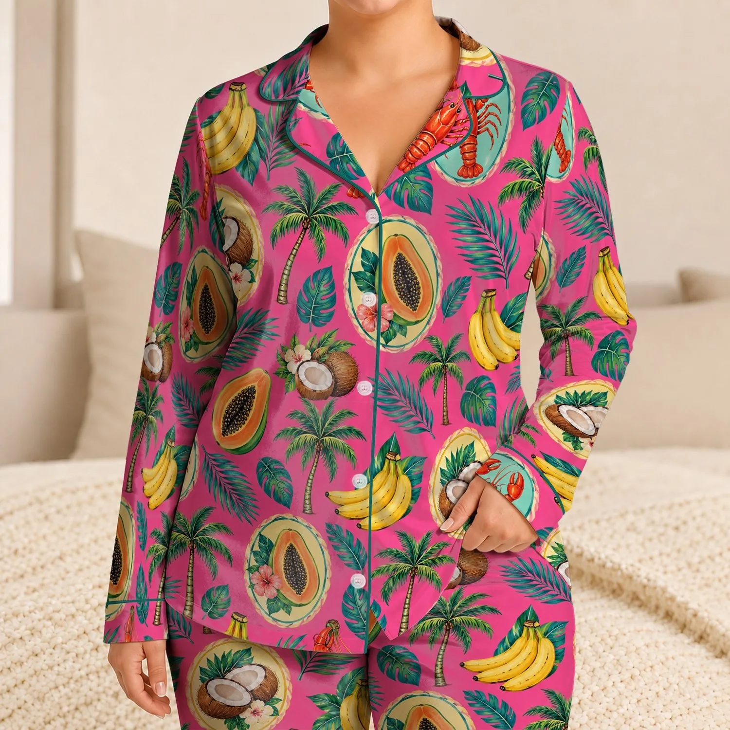 Tropical Fruit and Coastal Icons for Breezy Summer Lounging and Relaxed Getaways Satin Pajamas Set - 1