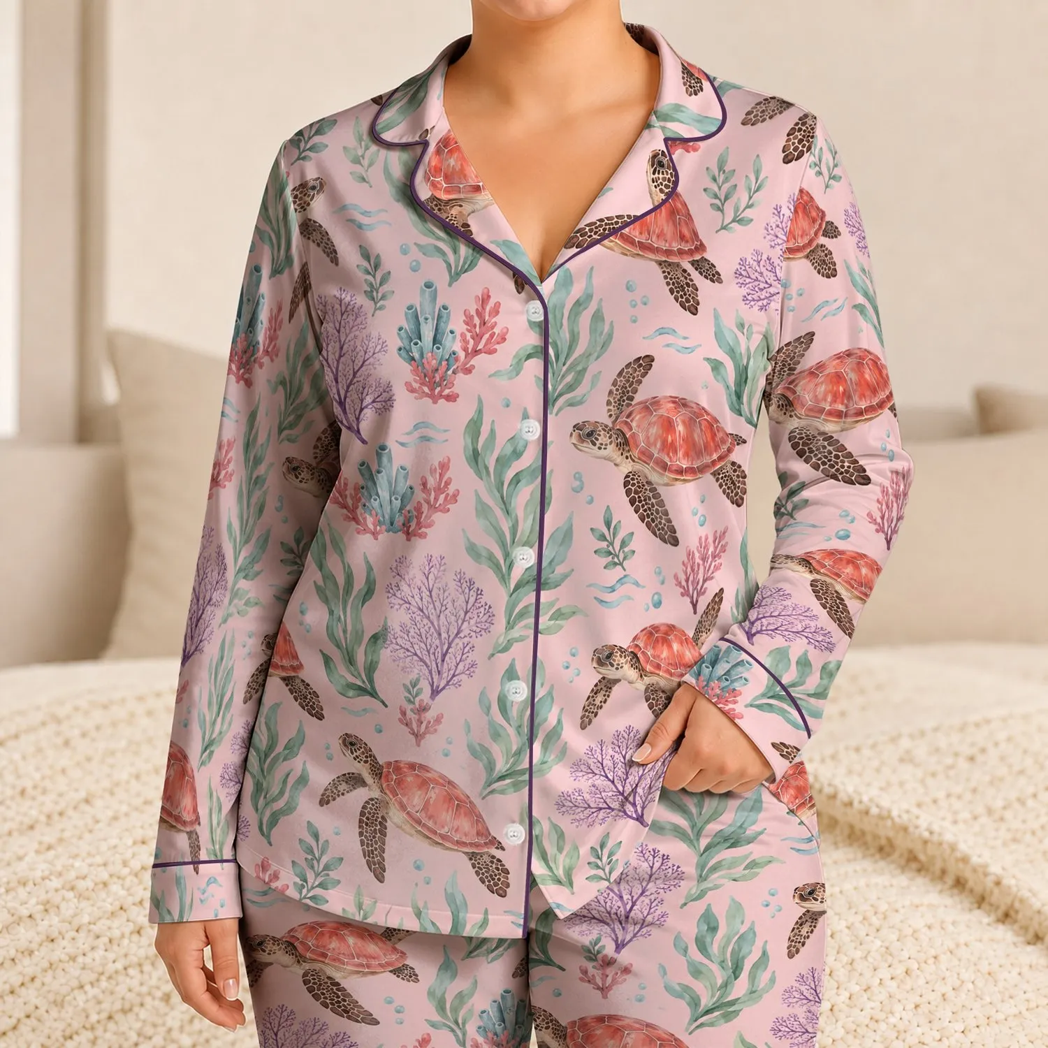 Watercolor Sea Turtle and Coral Motifs for Relaxed Coastal Lounging and Gift Giving Satin Pajamas Set - 1