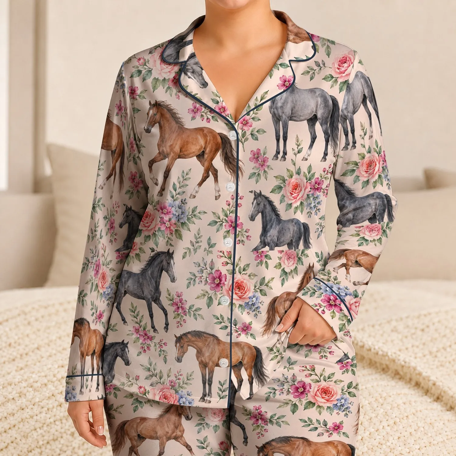 Watercolor Horses And Wildflowers For Cozy Country Mornings And Relaxed Equestrian Living Satin Pajamas Set - 1