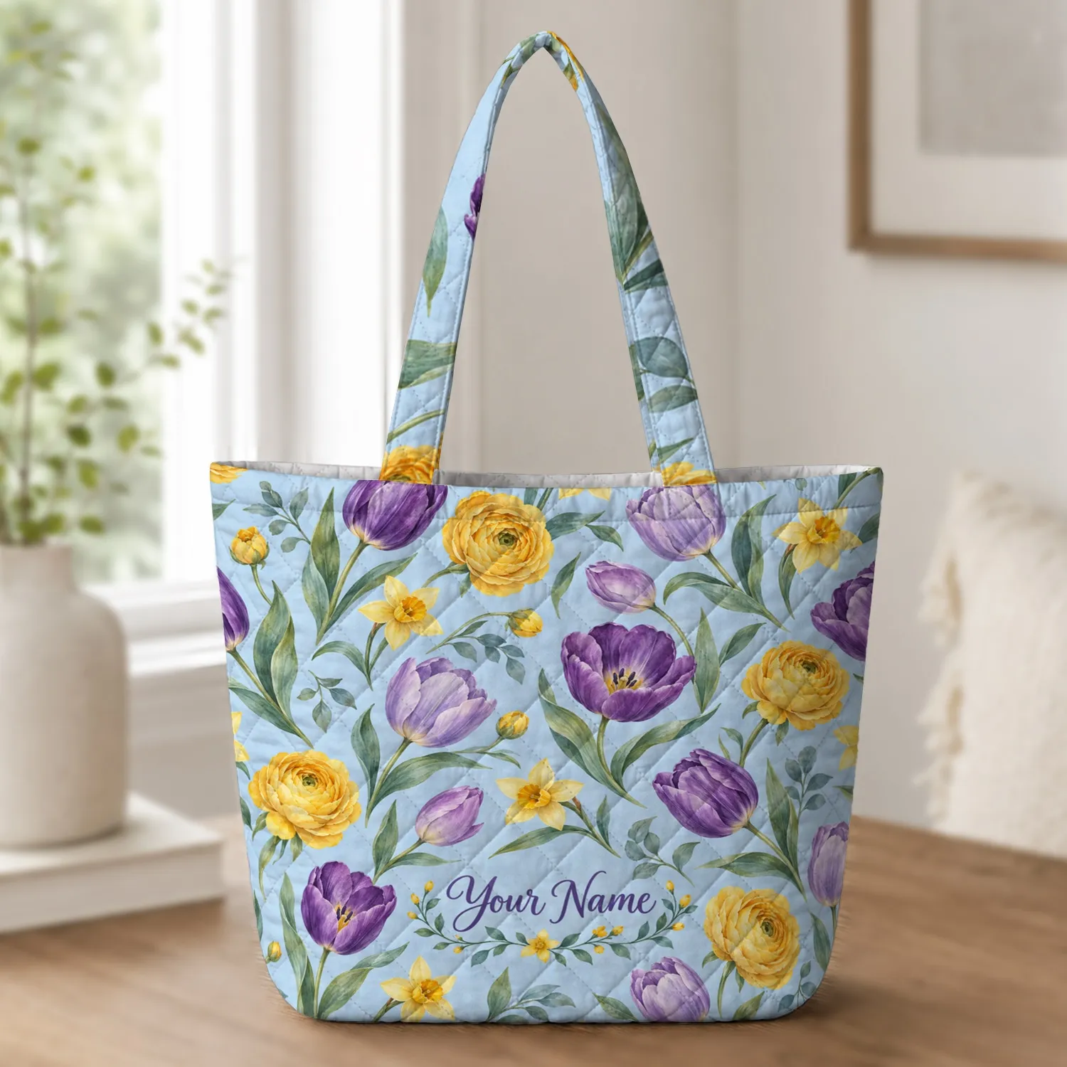 Purple and Gold Botanical Flowers for Garden Lovers and Mother's Day Gifts for Her Quilted Tote Bag - 1