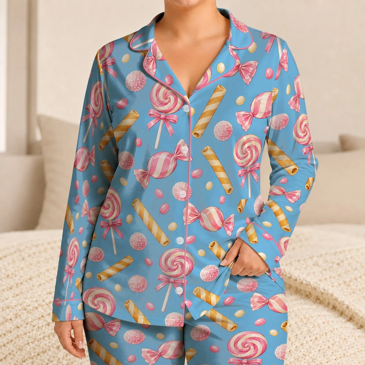 Pastel Candy And Sweet Treats For Cozy Weekend Lounging And Relaxed At-Home Evenings Satin Pajamas Set - 1