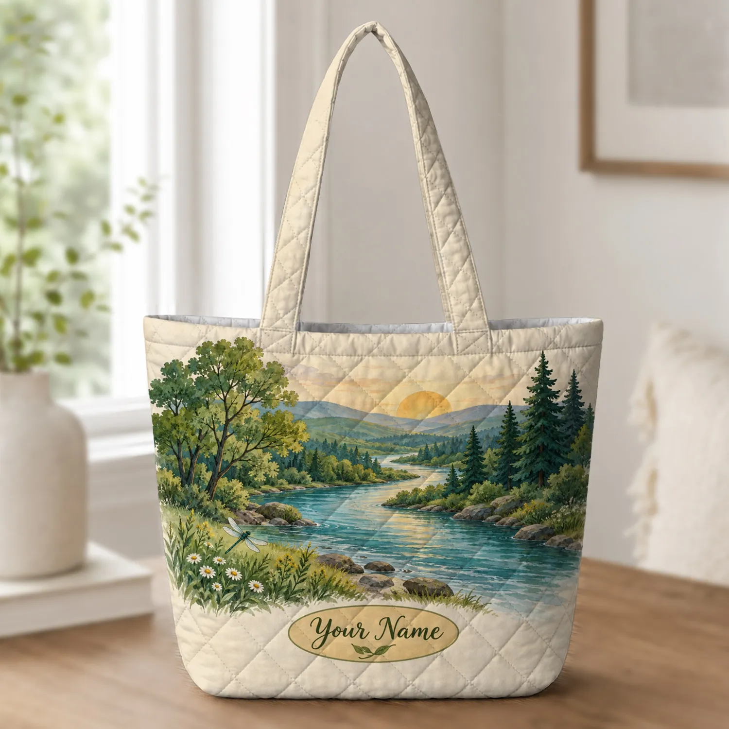 Winding River Forest Landscape for Summer Adventures and Outdoor-Loving Women and Hikers Quilted Tote Bag - 1