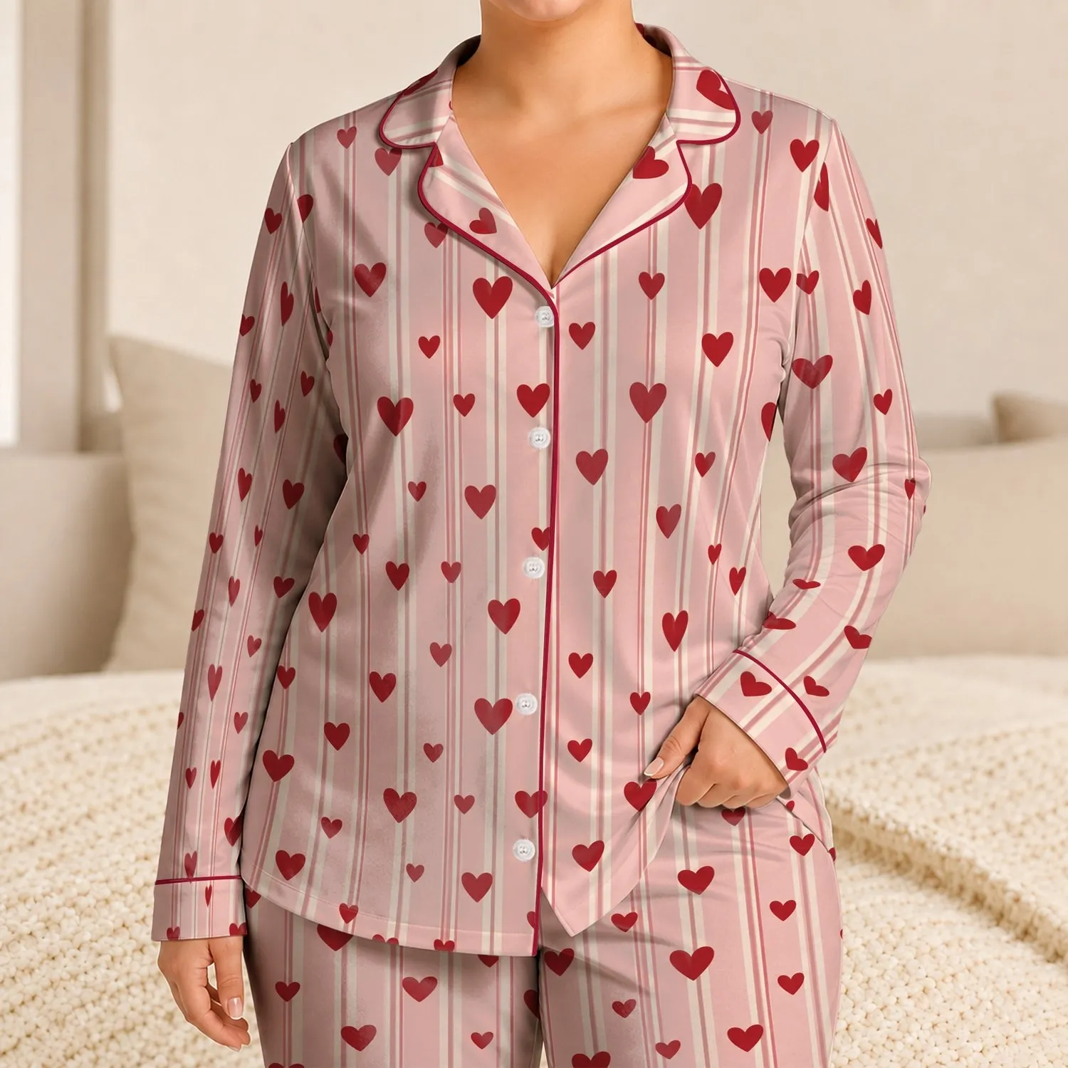 Pink Stripes With Cherry Red Hearts For Sweet Romantic Lounging And Cozy Evenings Satin Pajamas Set - 1