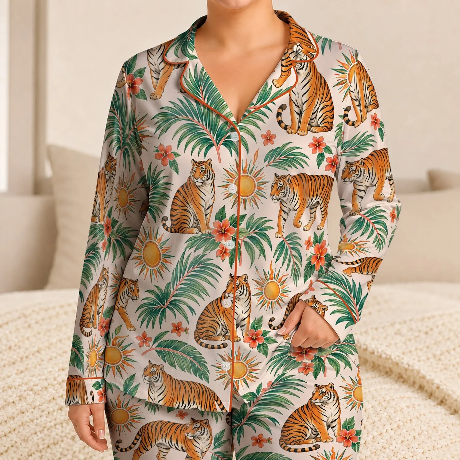 Tropical Tiger And Palm Leaf Motifs For Relaxed Summer Vacation Lounging At Home Satin Pajamas Set - 1