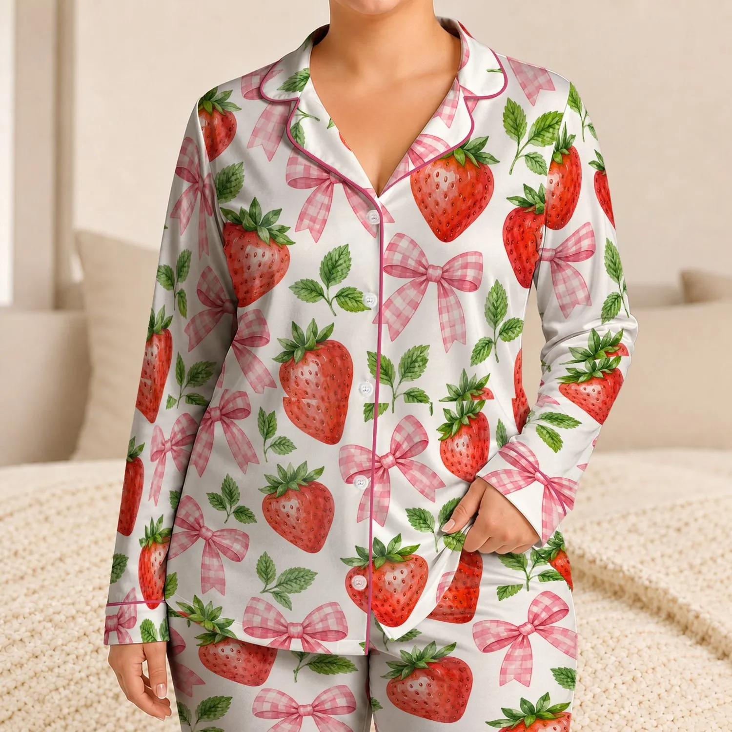 Strawberry And Gingham Bows For Sweet Springtime Lounging And Thoughtful Gift Giving Satin Pajamas Set - 1
