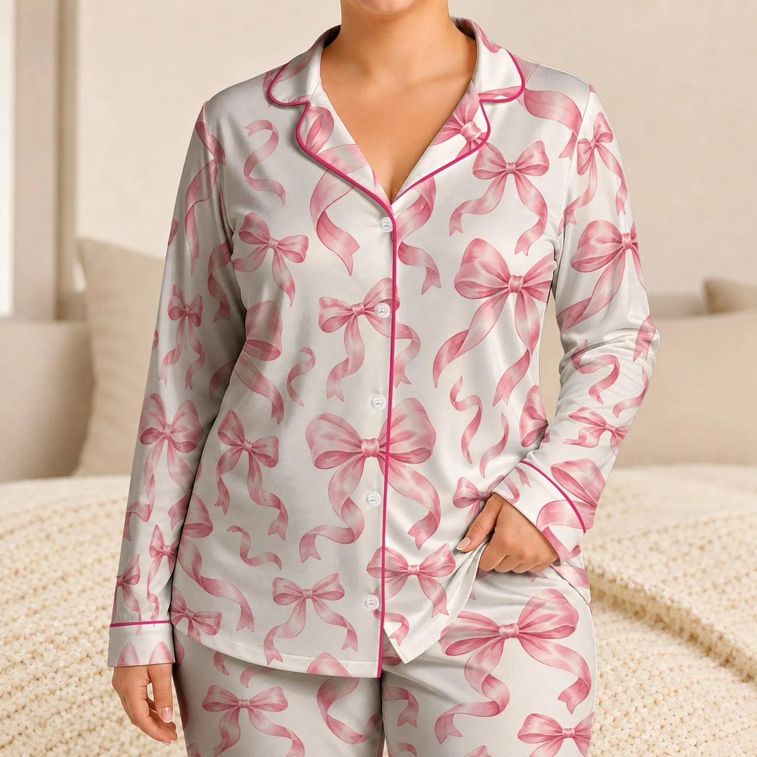 Pink Ribbon Bows for Romantic Valentine Gifting and Sweet Springtime Moments Satin Pajamas Set - 1