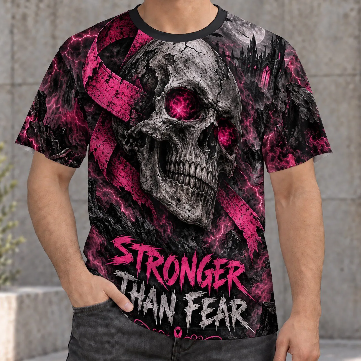 Pink Lightning Skull and Gothic Night Scene for Alternative Everyday Wear All-over Print Unisex T-shirt - 1