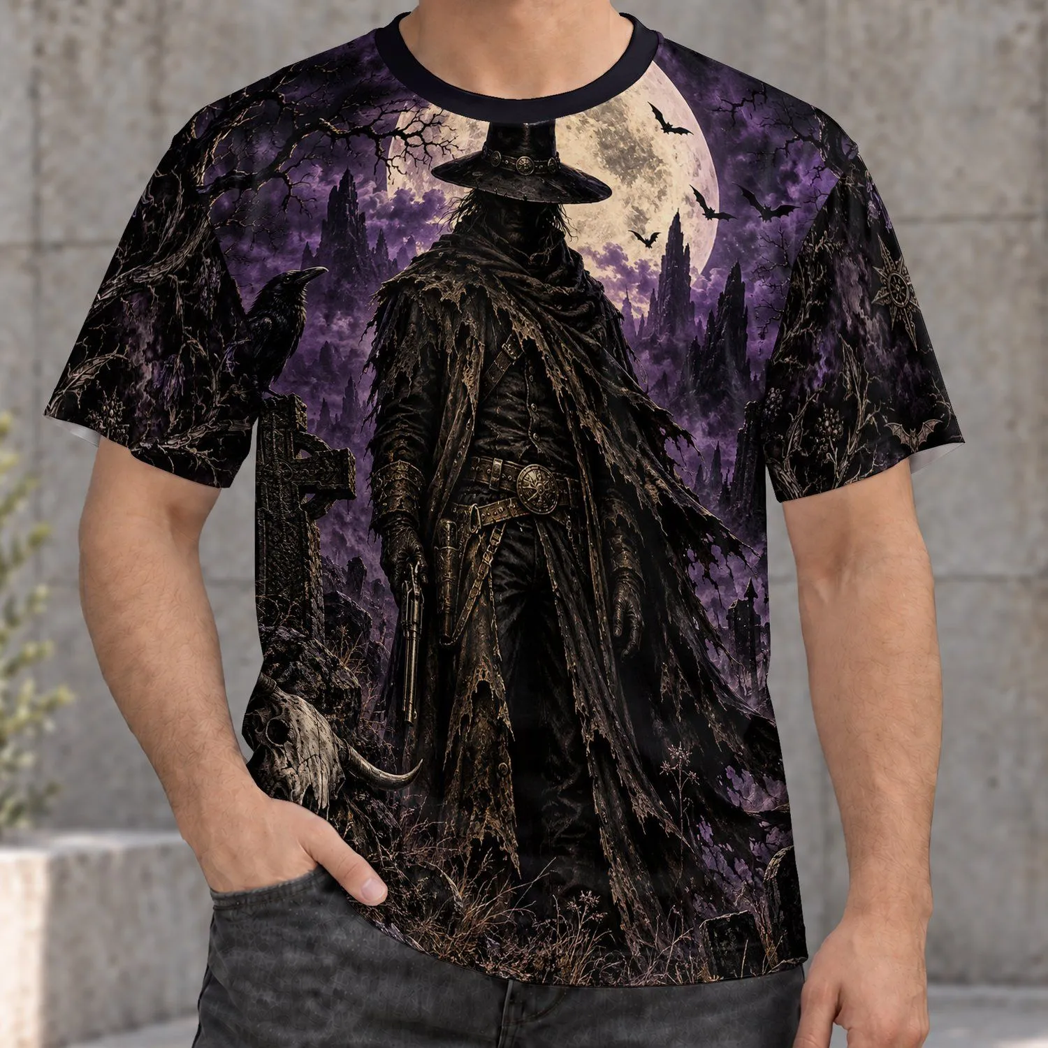 Gothic Outlaw Under a Full Moon for Halloween Nights and Dark Western Style All-over Print Unisex T-shirt - 1