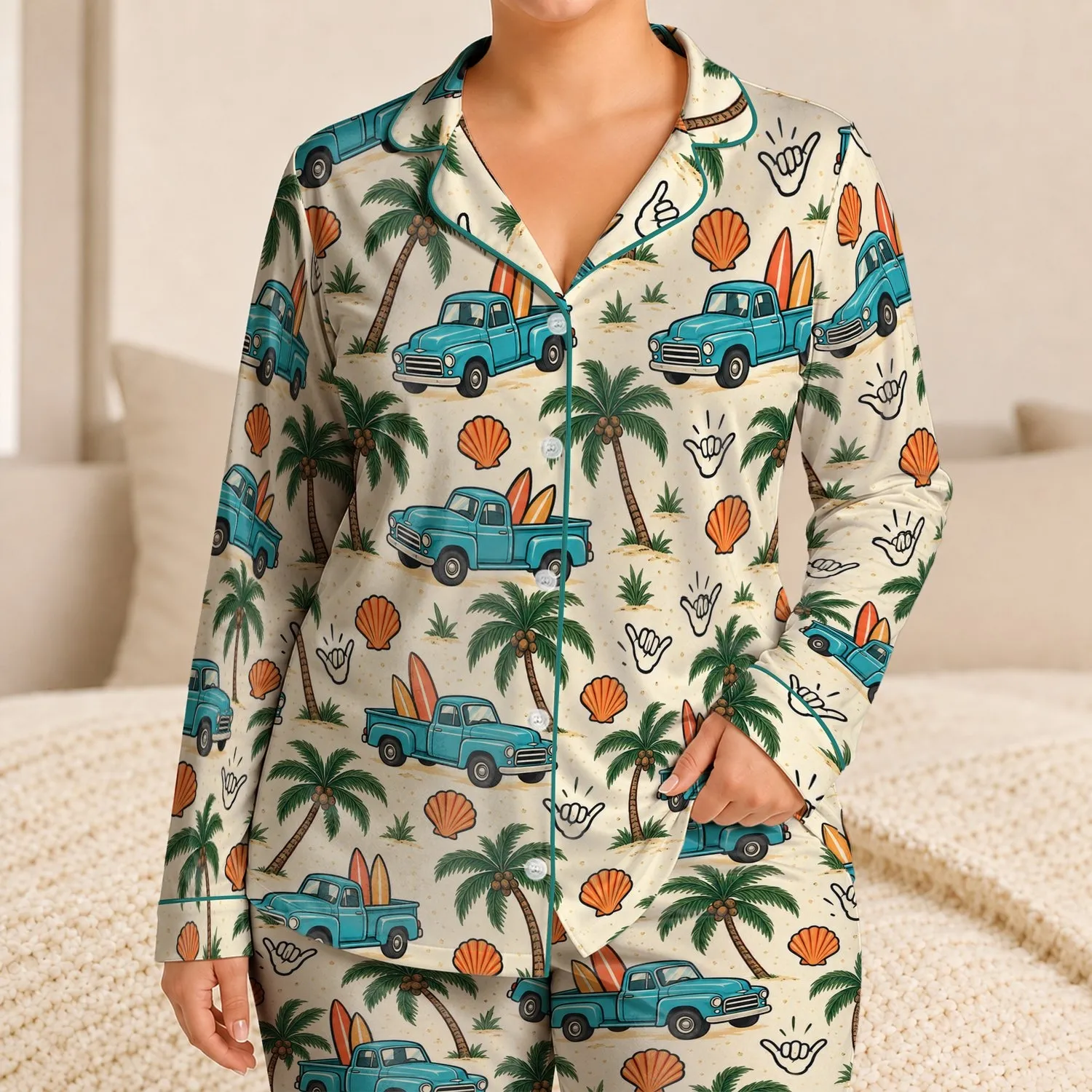 Turquoise Surf Trucks And Palm Trees For Sunny Coastal Adventures For Kids Satin Pajamas Set - 1
