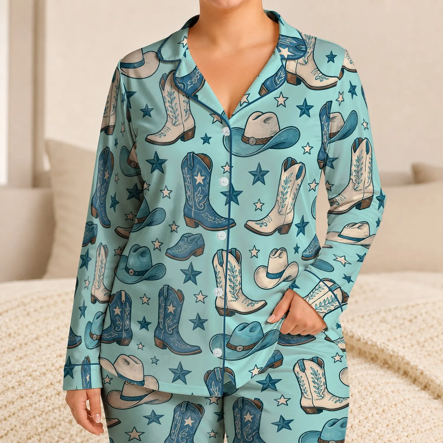 Blue Cowboy Hats, Boots and Stars for Cozy Ranch Nights and Kids' Western Weekends Satin Pajamas Set - 1