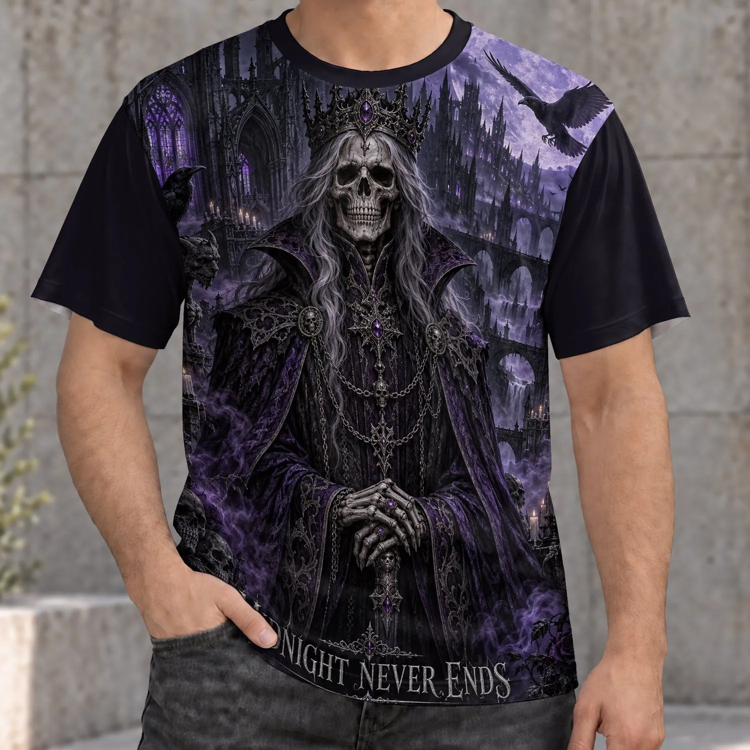 Crowned Skeleton Raven Moonlit Gothic Scene for Halloween Fans and Dark Fantasy Lovers All-over Print Unisex T-shirt - 1