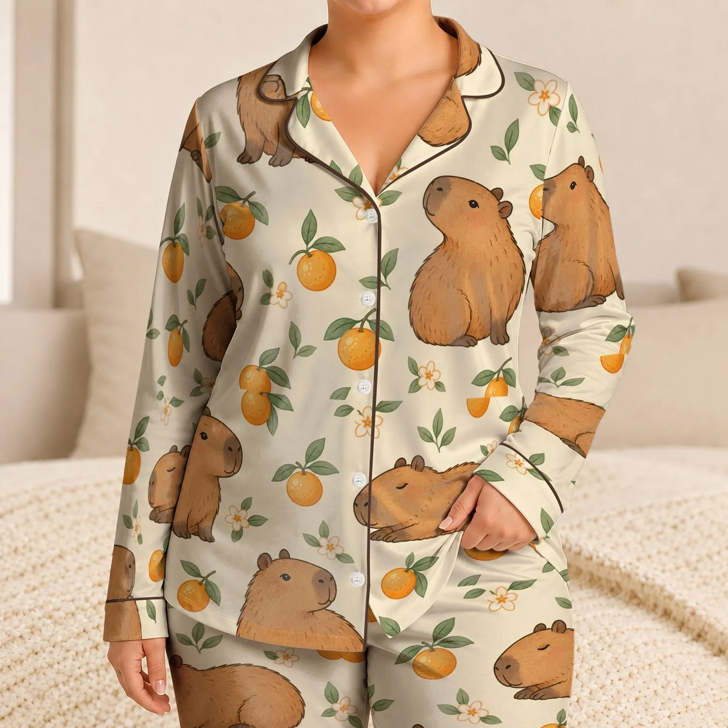 Charming Capybara And Orange Fruit Motifs For Cozy Summer Nights For Kids Satin Pajamas Set - 1