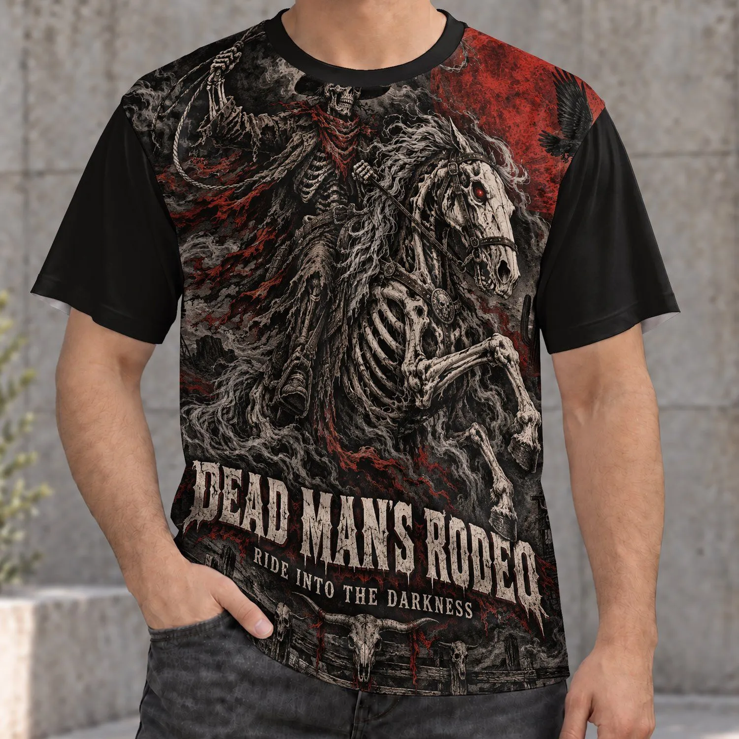 Skeleton Cowboy Rodeo Scene for Western Gothic Nights and Dark Country Style All-over Print Unisex T-shirt - 1