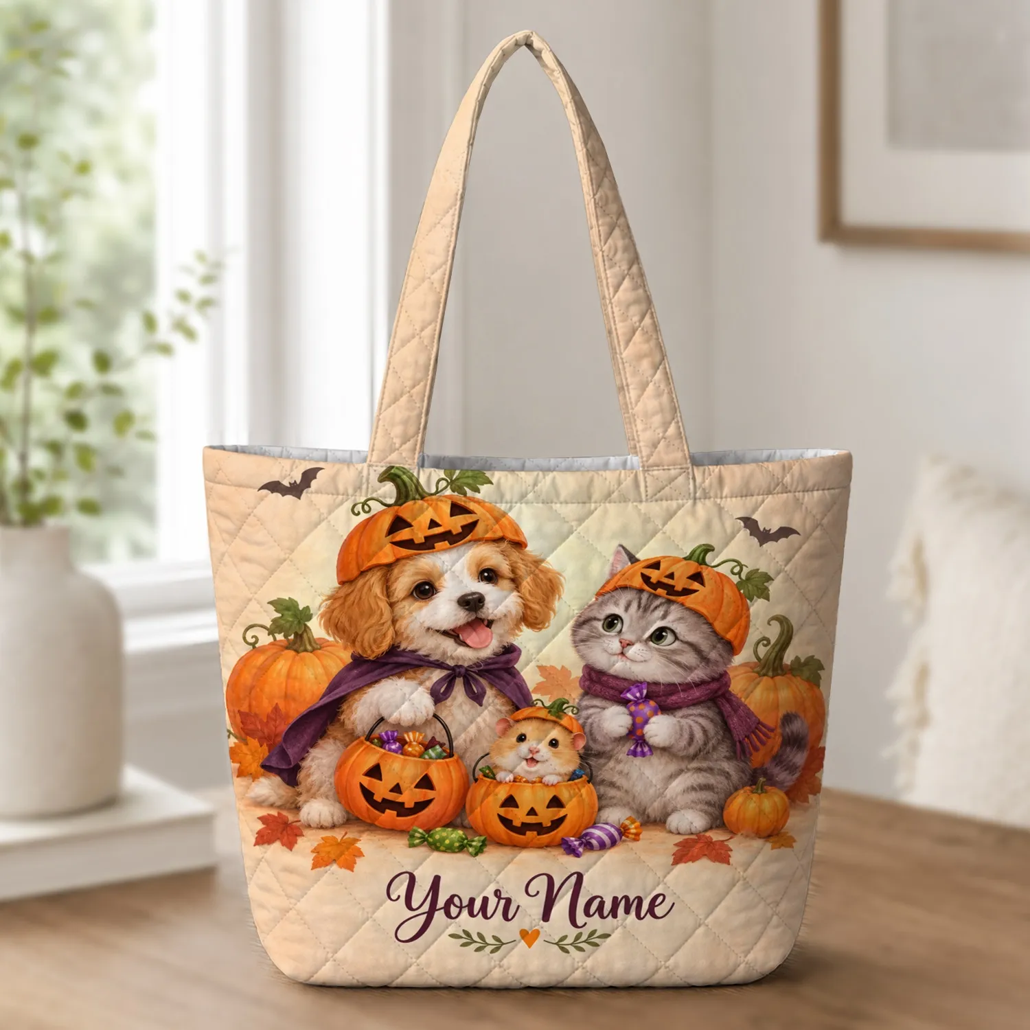 Pumpkin-Hatted Dog, Cat and Hamster for Cozy Halloween Trick-or-Treating Gifts Quilted Tote Bag - 1