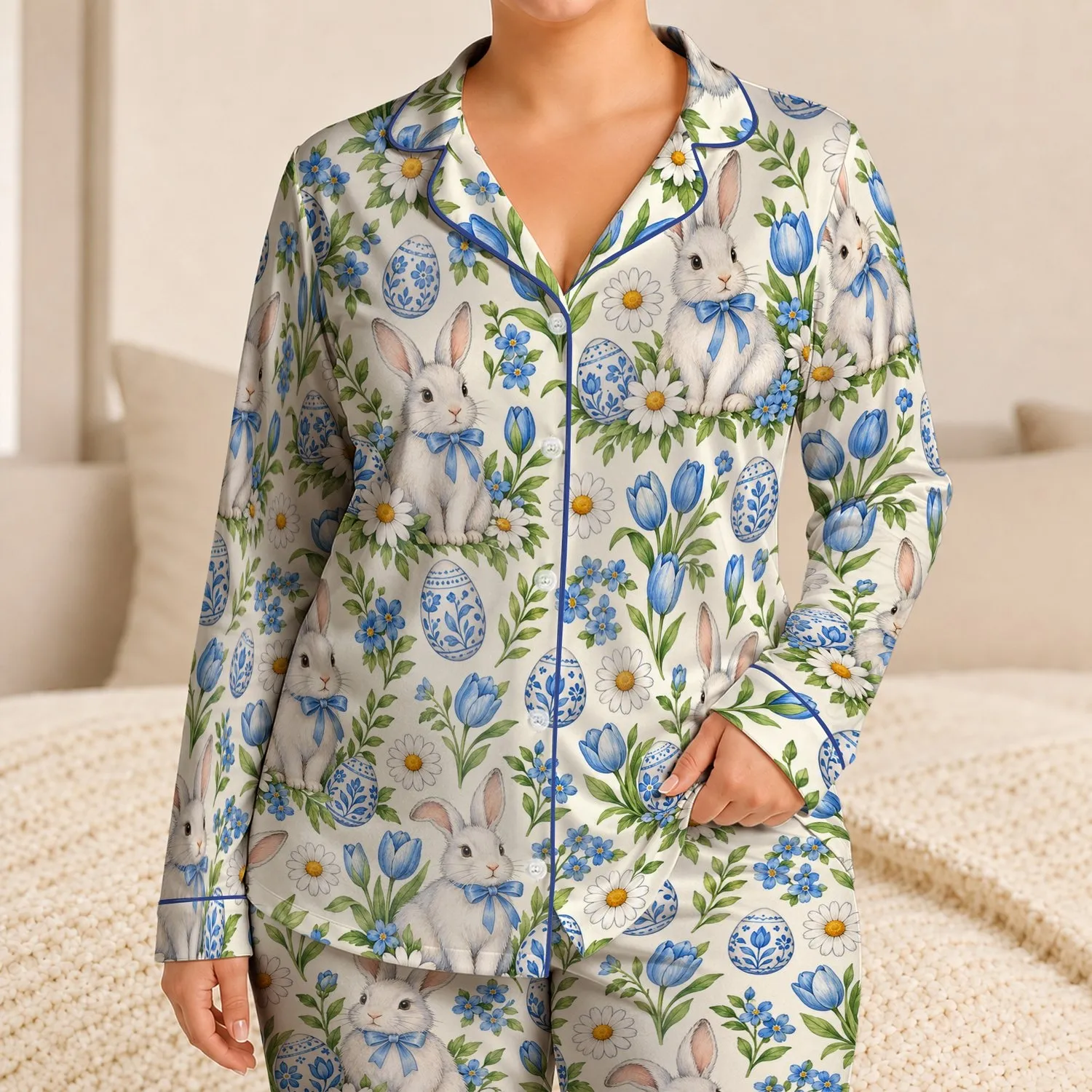Easter Bunnies, Blue Floral Eggs and Spring Blooms for Children's Holiday Celebrations Satin Pajamas Set - 1