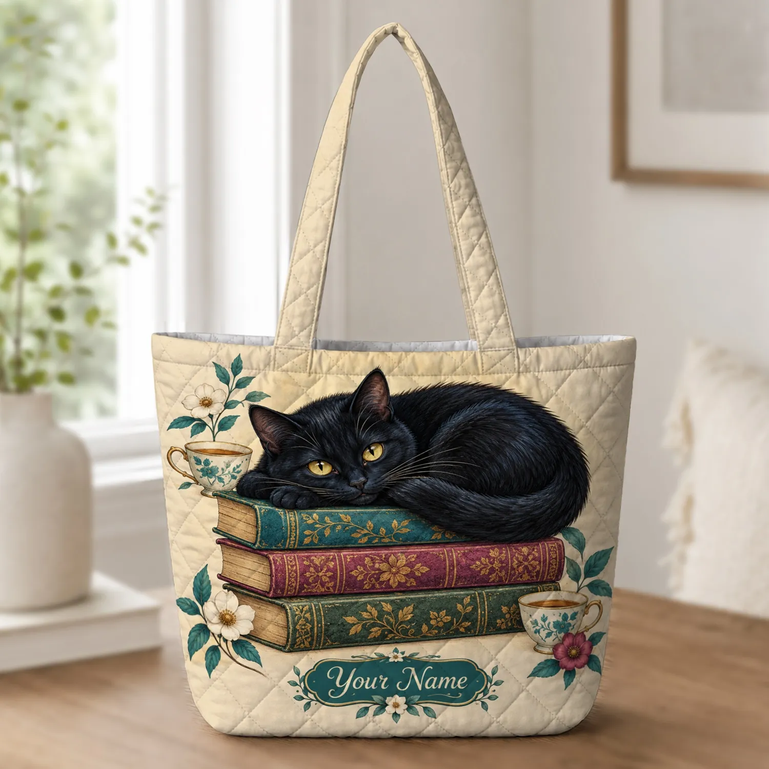 Black Cat Curled on Library Books for Cozy Reading Days and Book Lover Gifts Quilted Tote Bag - 1