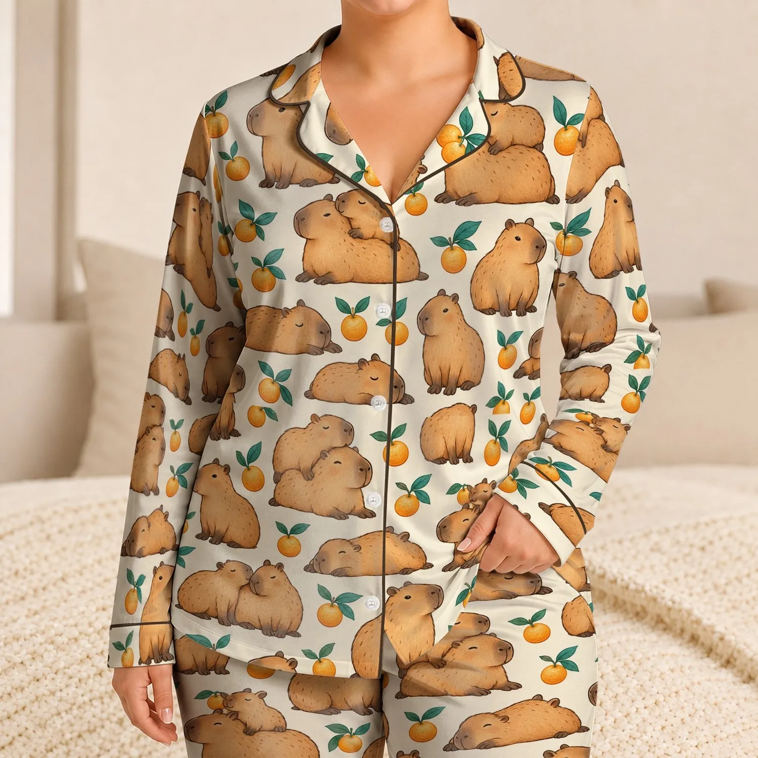 Cozy Capybara And Tiny Orange Companions For Calm Summer Evenings With Kids Satin Pajamas Set - 1
