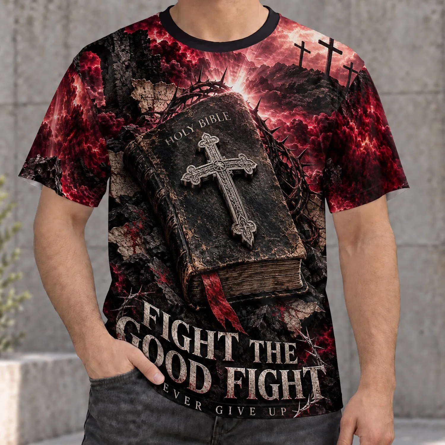 Bible Cross and Crimson Stone Scene for Faith and Encouragement, Christian Believers All-over Print Unisex T-shirt - 1