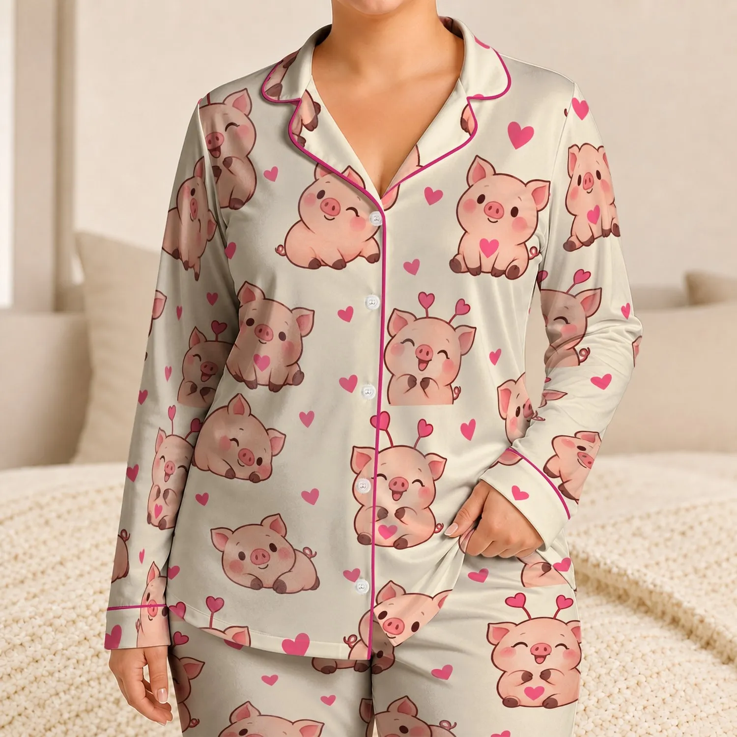 Sweet Coral Piglets And Pink Hearts For Cozy Evenings And Little Girls Satin Pajamas Set - 1
