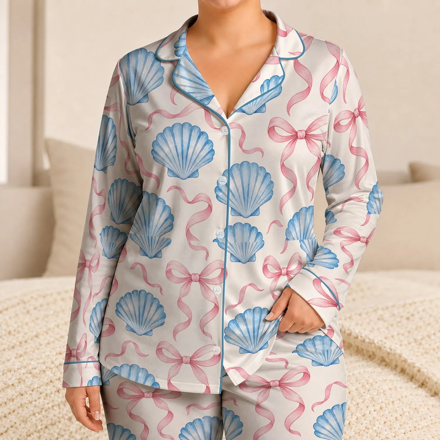 Blue Seashells And Pink Bows For A Sweet Coastal Holiday Look For Kids Satin Pajamas Set - 1