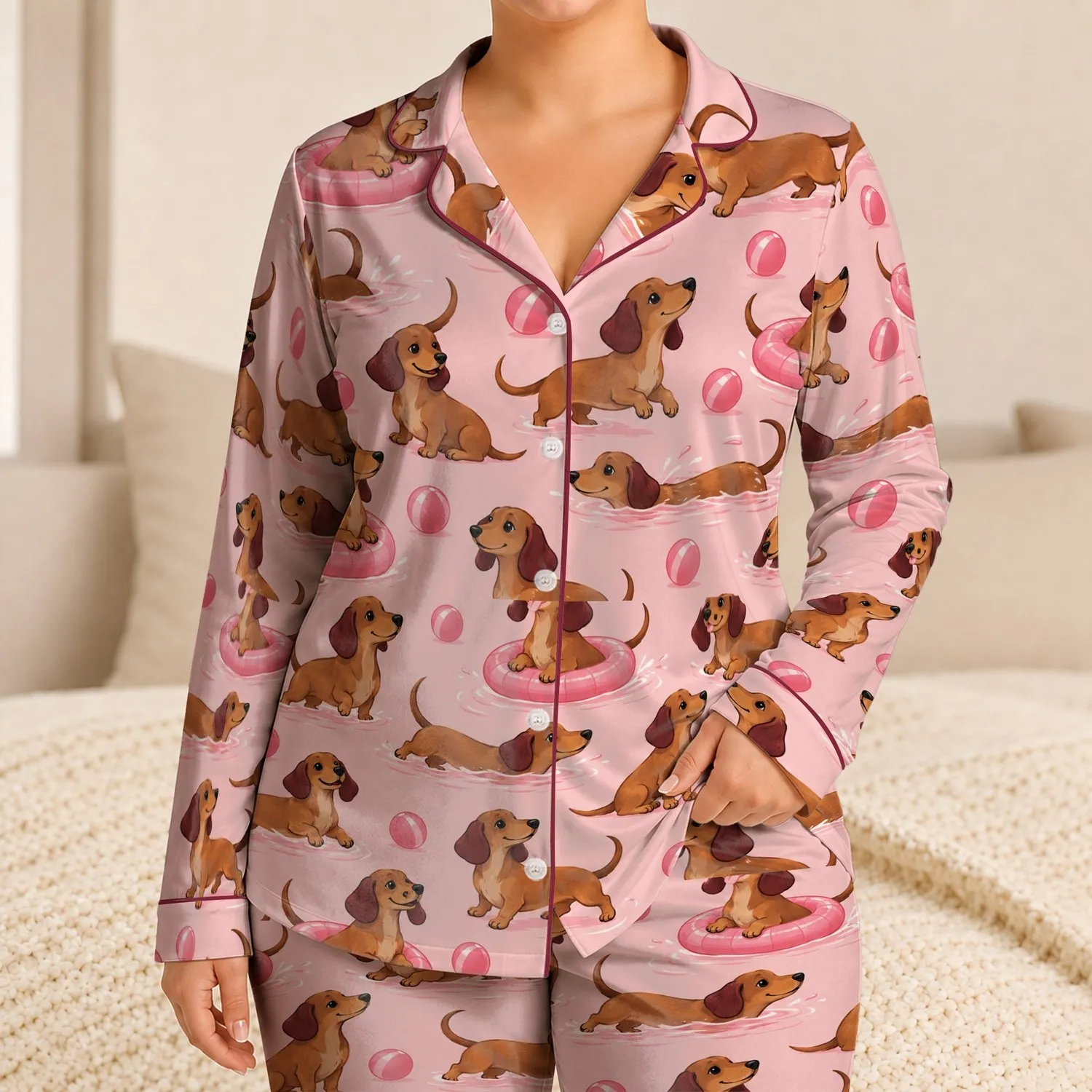 Dachshund Poolside Fun With Pink Swim Rings for Cozy Home Days and Playtime for Kids Satin Pajamas Set - 1