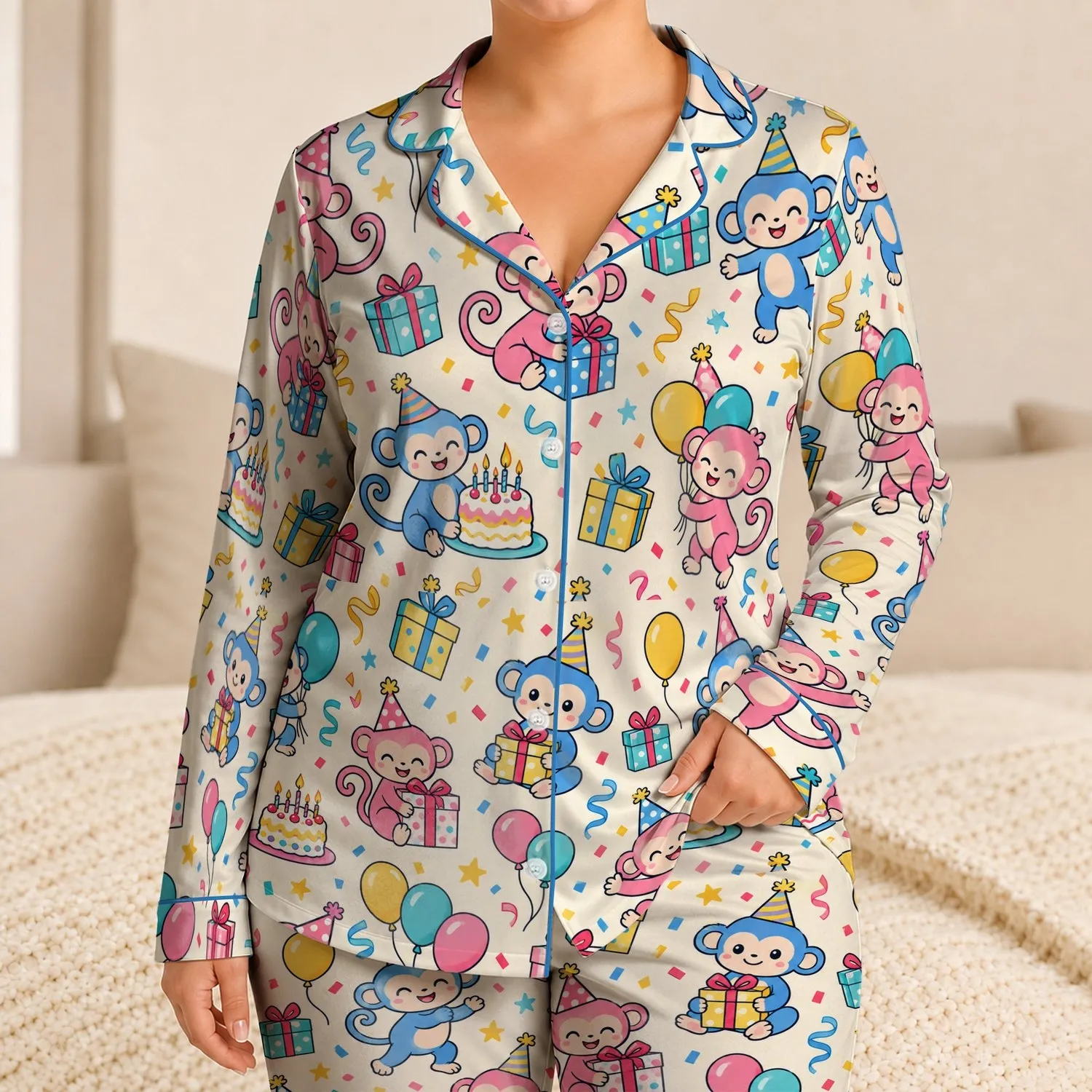 Cute Monkey Birthday Cake and Balloon Celebration for Cheerful Birthday Gift Giving Satin Pajamas Set - 1