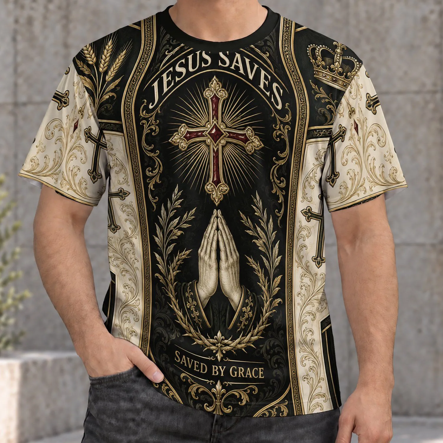 Praying Hands Cross and Crown for Church Worship and Daily Christian Men's Wear All-over Print Unisex T-shirt - 1